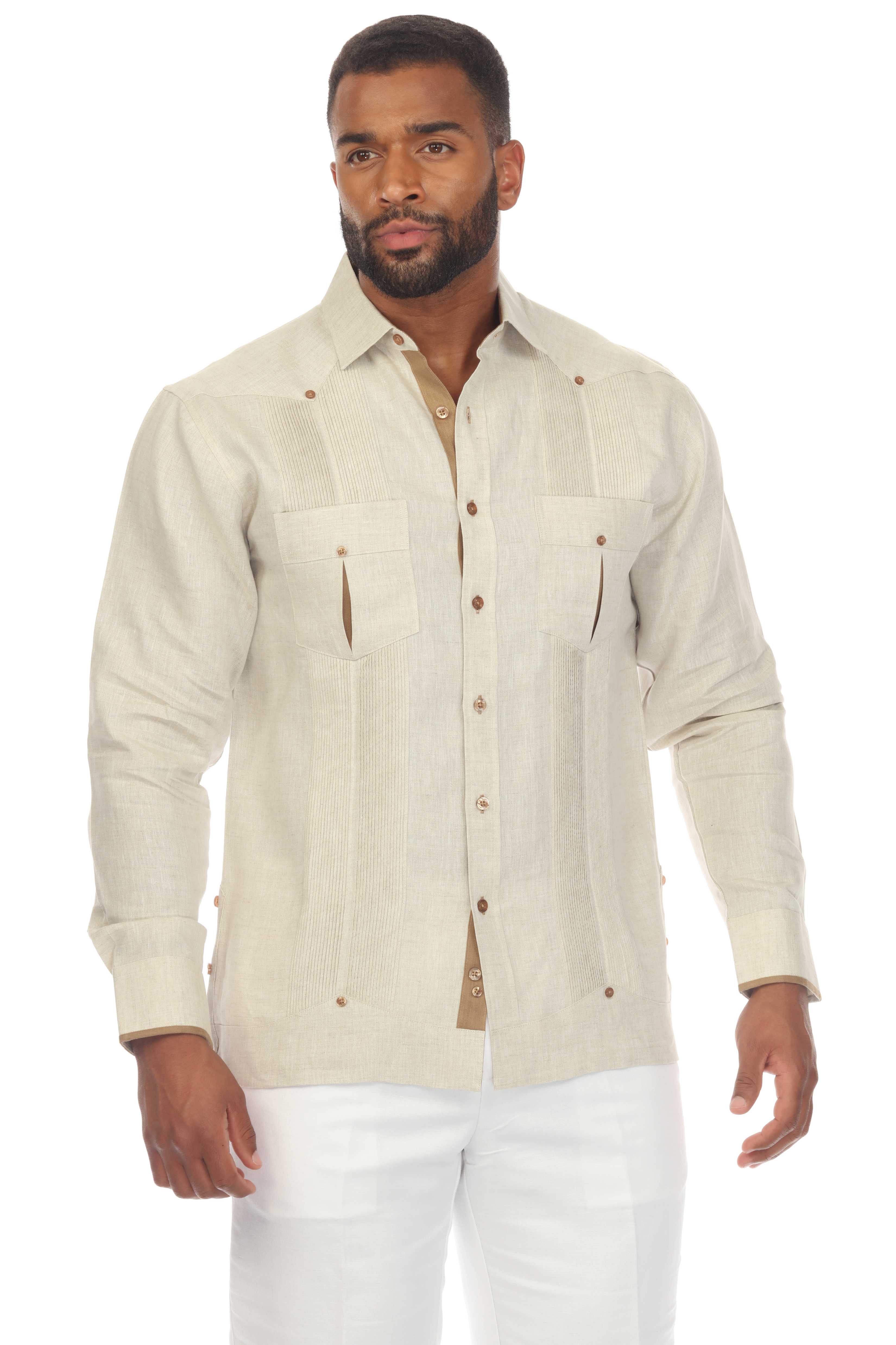 Mojito Men's 100% Linen Guayabera Chacabana Shirt Long Sleeve with Contrast  Accent Trim