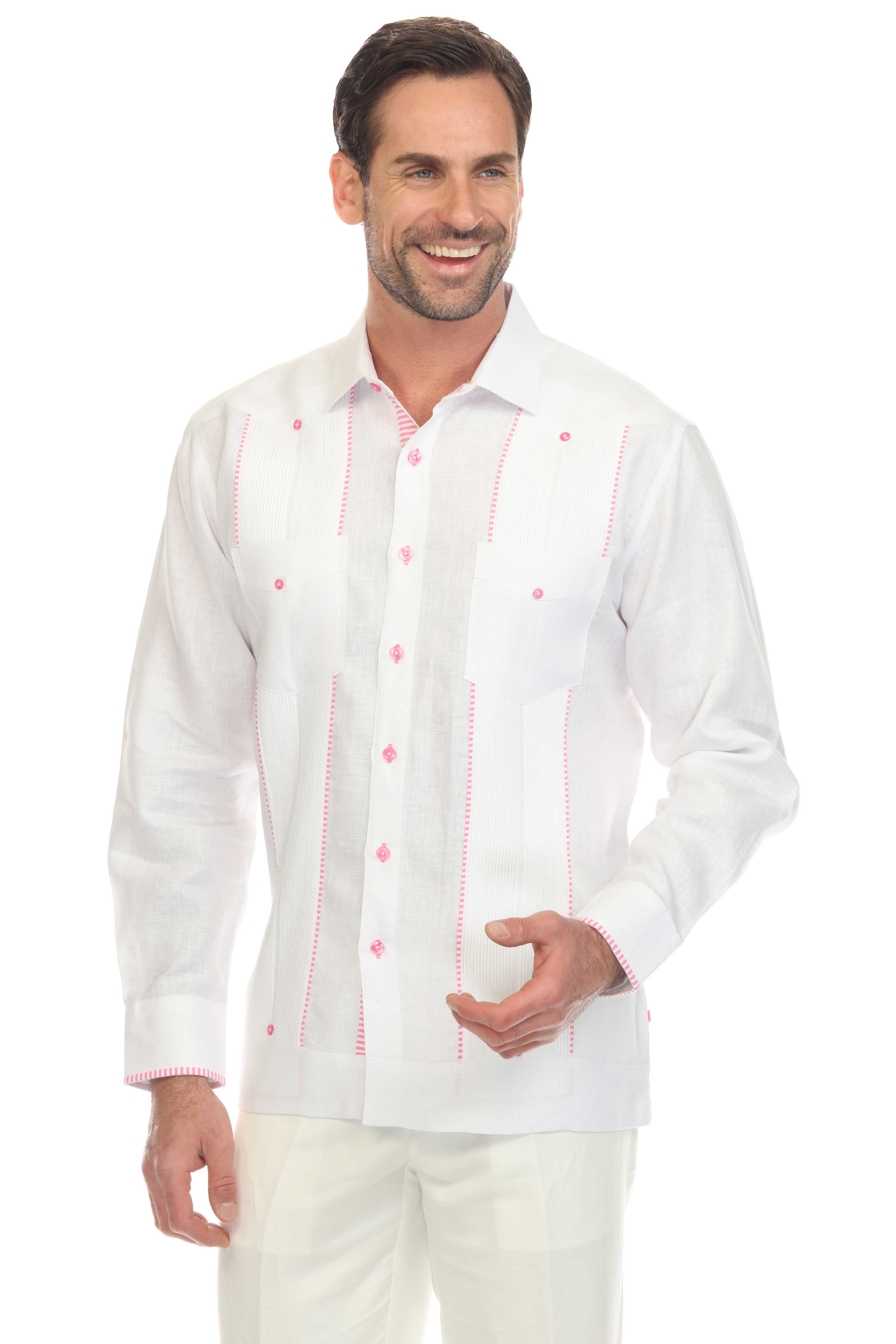 Mojito Men's 100% Linen Guayabera Shirt Long Sleeve with Print Trim Accent