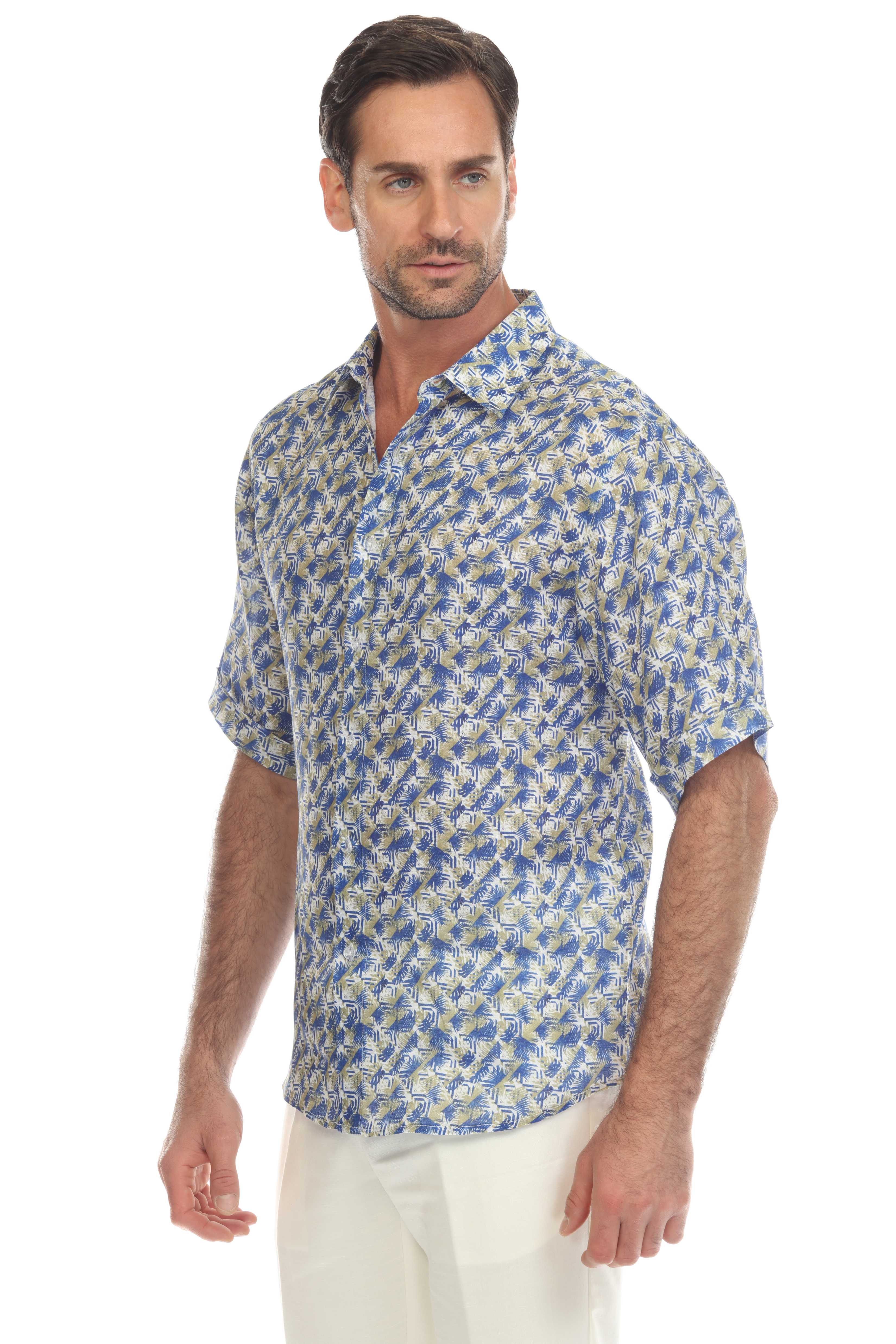 Casual Print 100% Linen Shirt Short Sleeve Button Down