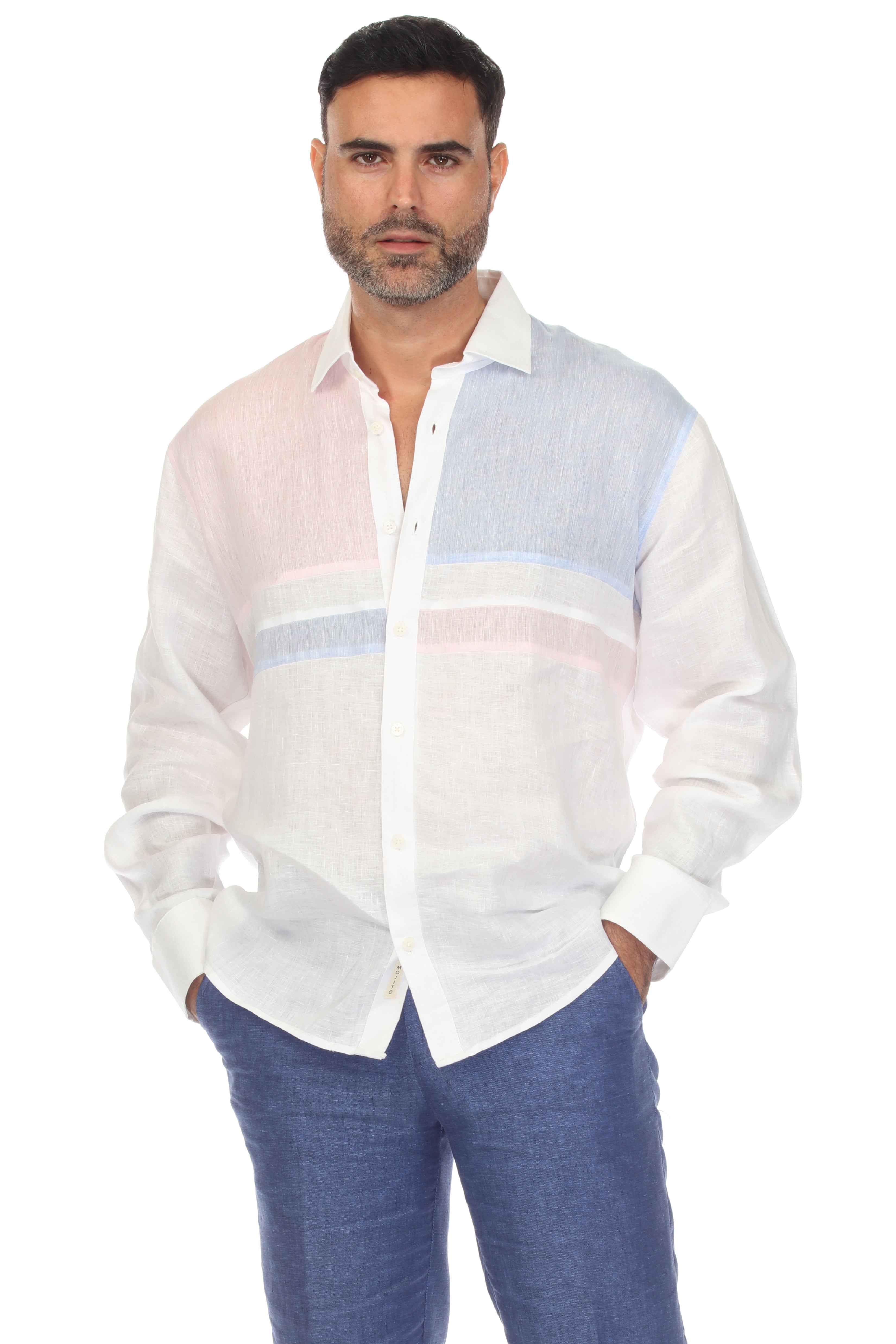 Casual Multi Color Block Design 100% Linen Shirt Long Sleeve