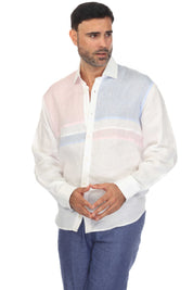 Casual Multi Color Block Design 100% Linen Shirt Long Sleeve