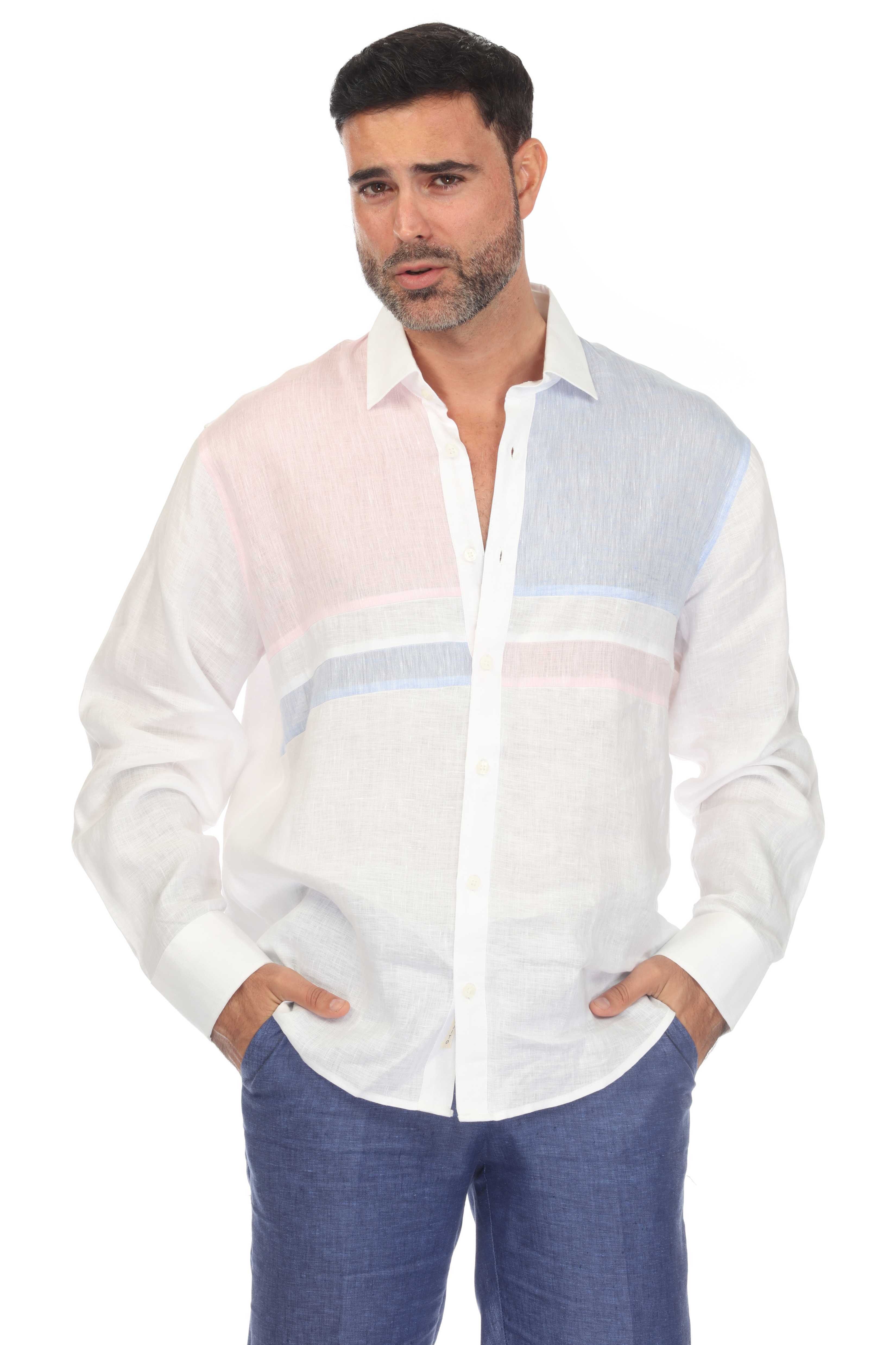 Casual Multi Color Block Design 100% Linen Shirt Long Sleeve