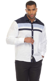 Slim Fit Casual 100% Linen Shirt Long Sleeve Multi Color Block Design