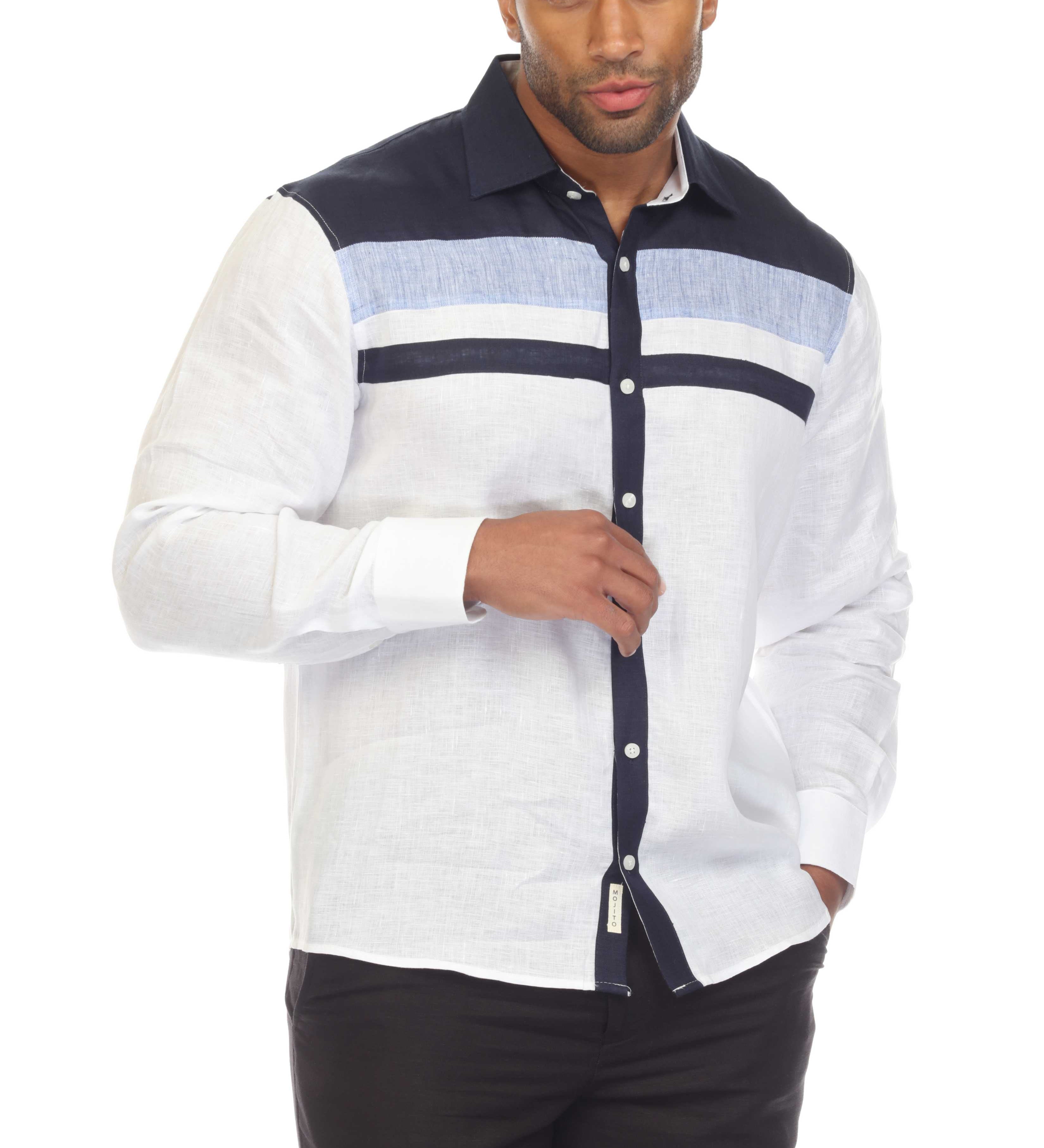 Slim Fit Casual 100% Linen Shirt Long Sleeve Multi Color Block Design