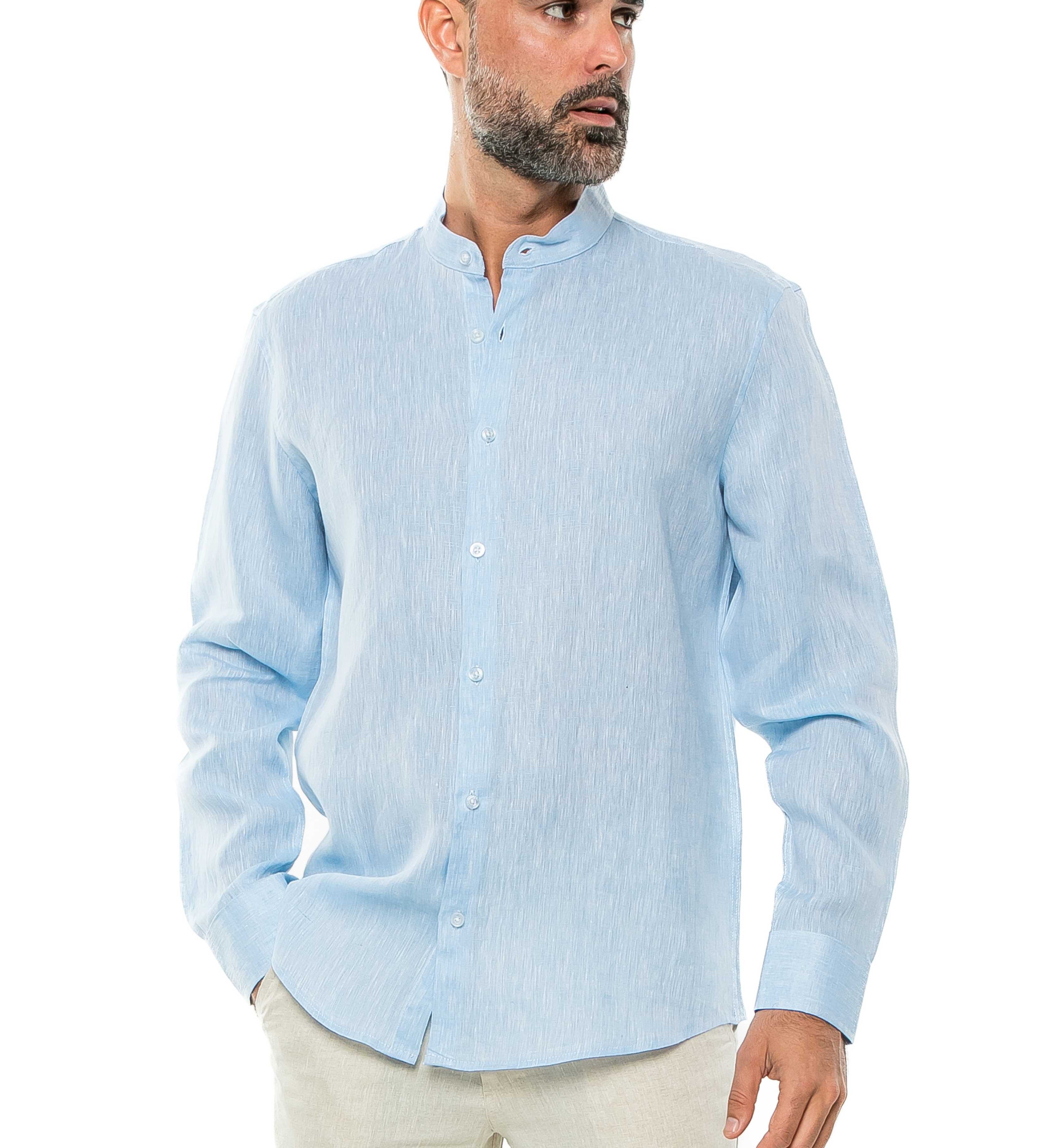 100% Linen Yarn Dyed Mandarin Collar Long Sleeve Shirt