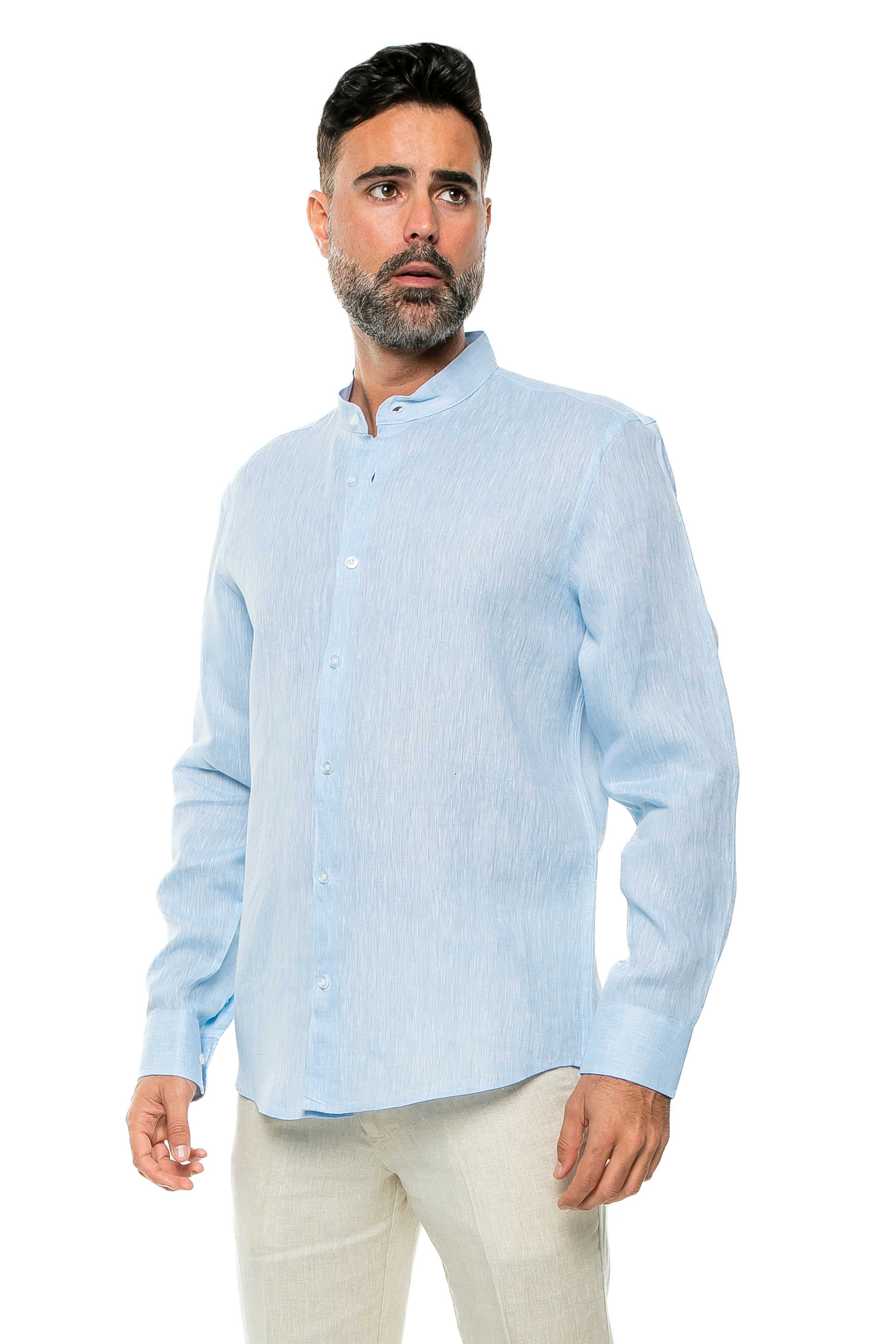 100% Linen Yarn Dyed Mandarin Collar Long Sleeve Shirt