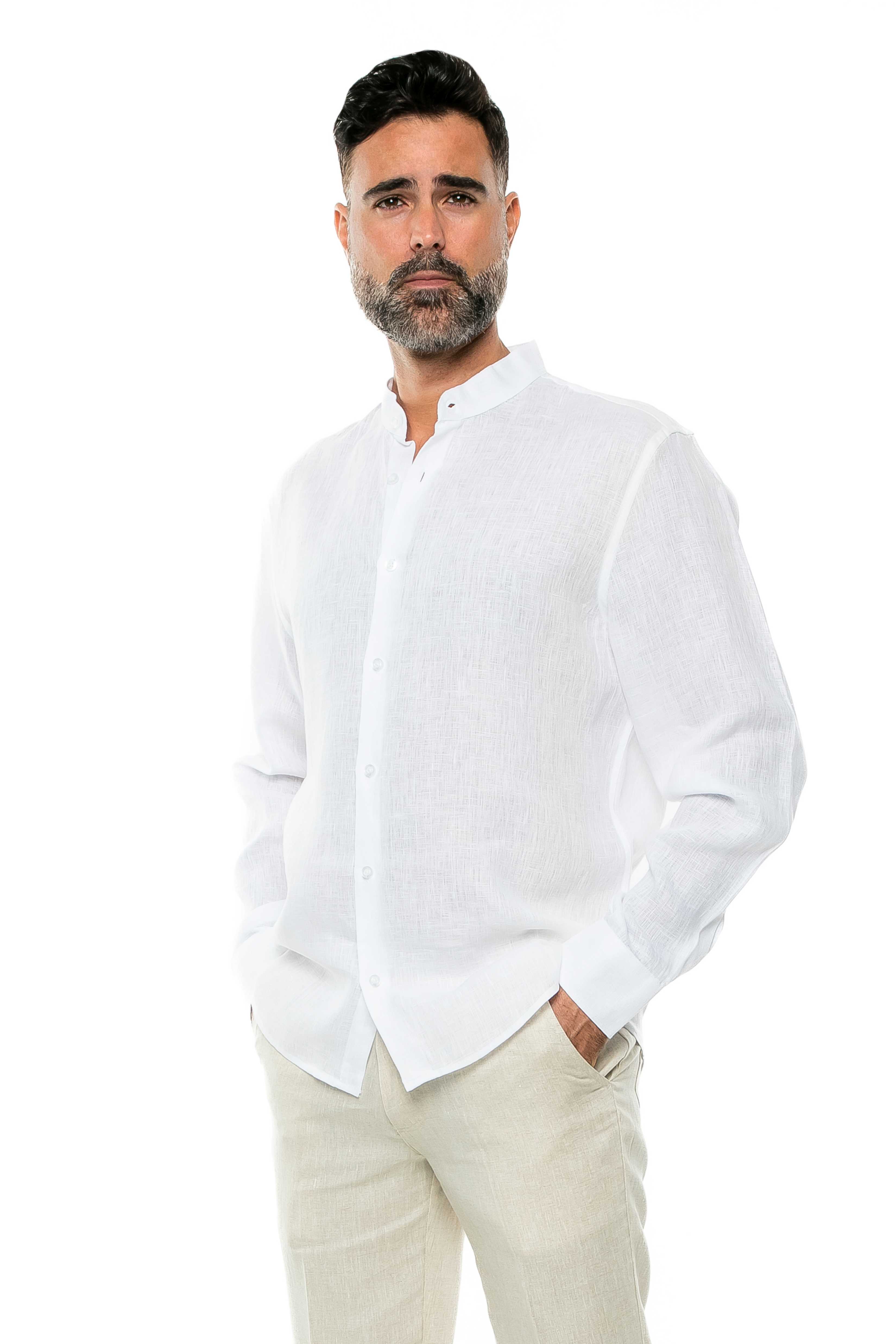 100% Linen Yarn Dyed Mandarin Collar Long Sleeve Shirt