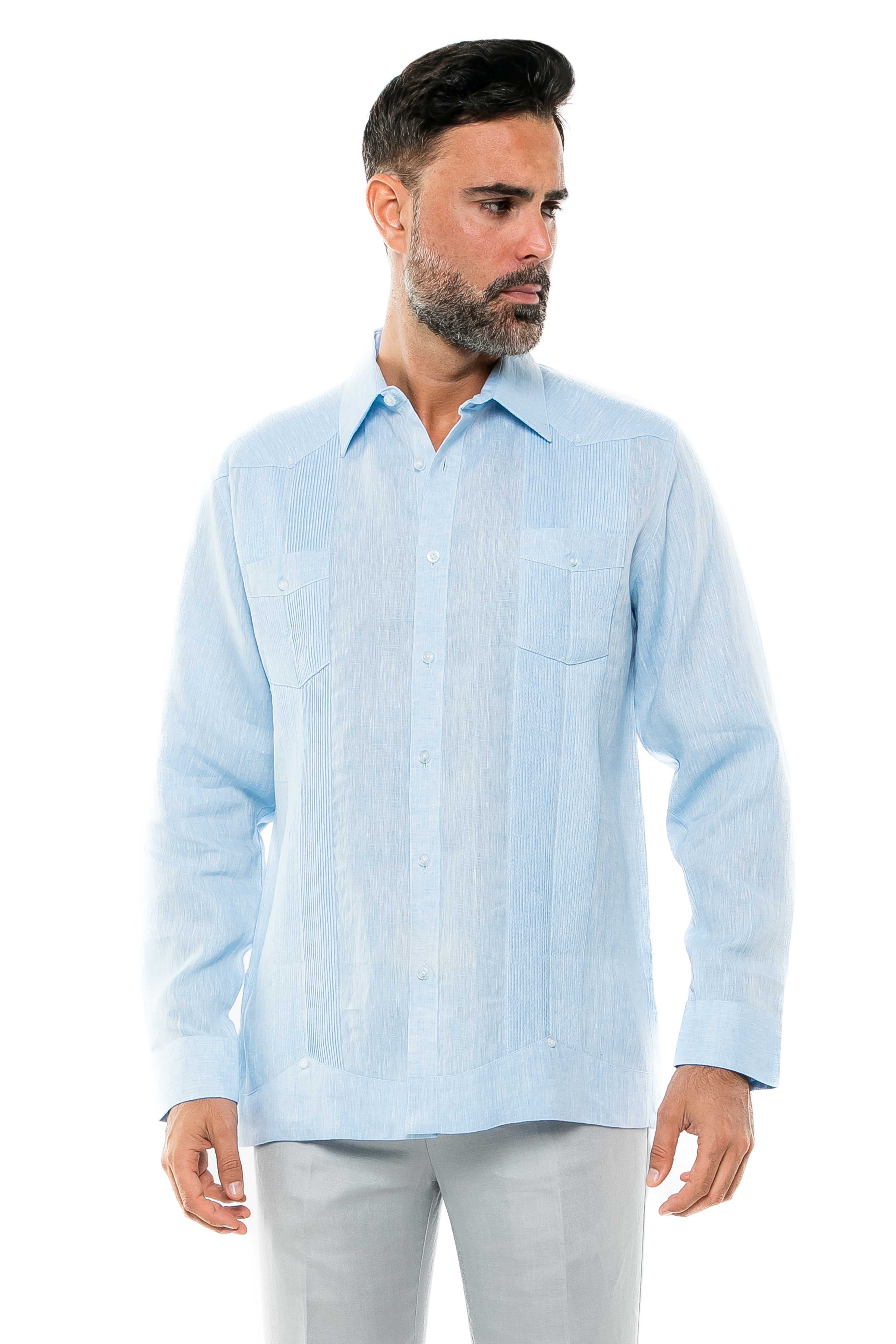 Mojito Men's Yarn Dye 100% Linen Guayabera Shirt Long Sleeve 2 Pocket Design