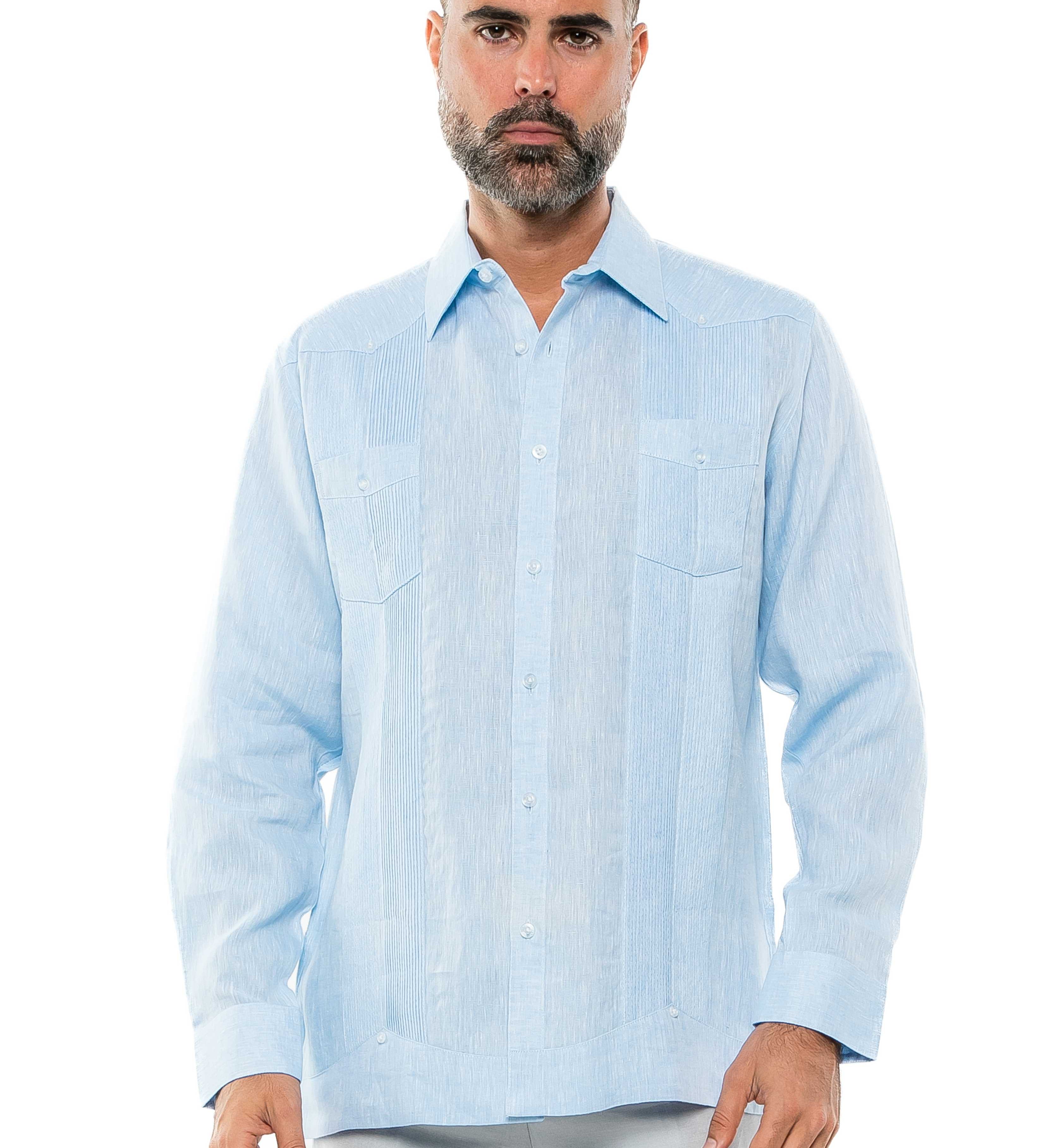 Mojito Men's Yarn Dye 100% Linen Guayabera Shirt Long Sleeve 2 Pocket Design