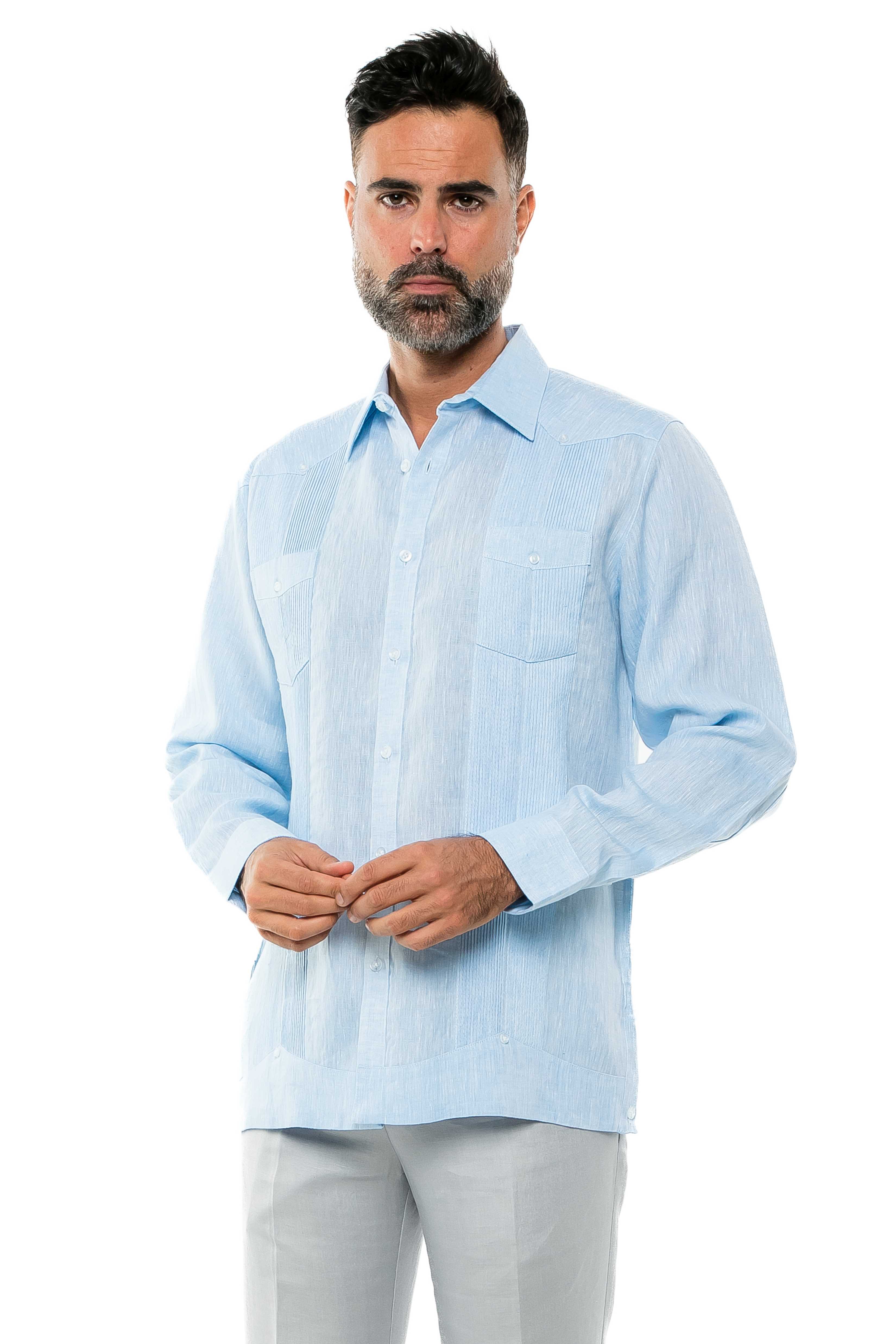 Mojito Men's Yarn Dye 100% Linen Guayabera Shirt Long Sleeve 2 Pocket Design