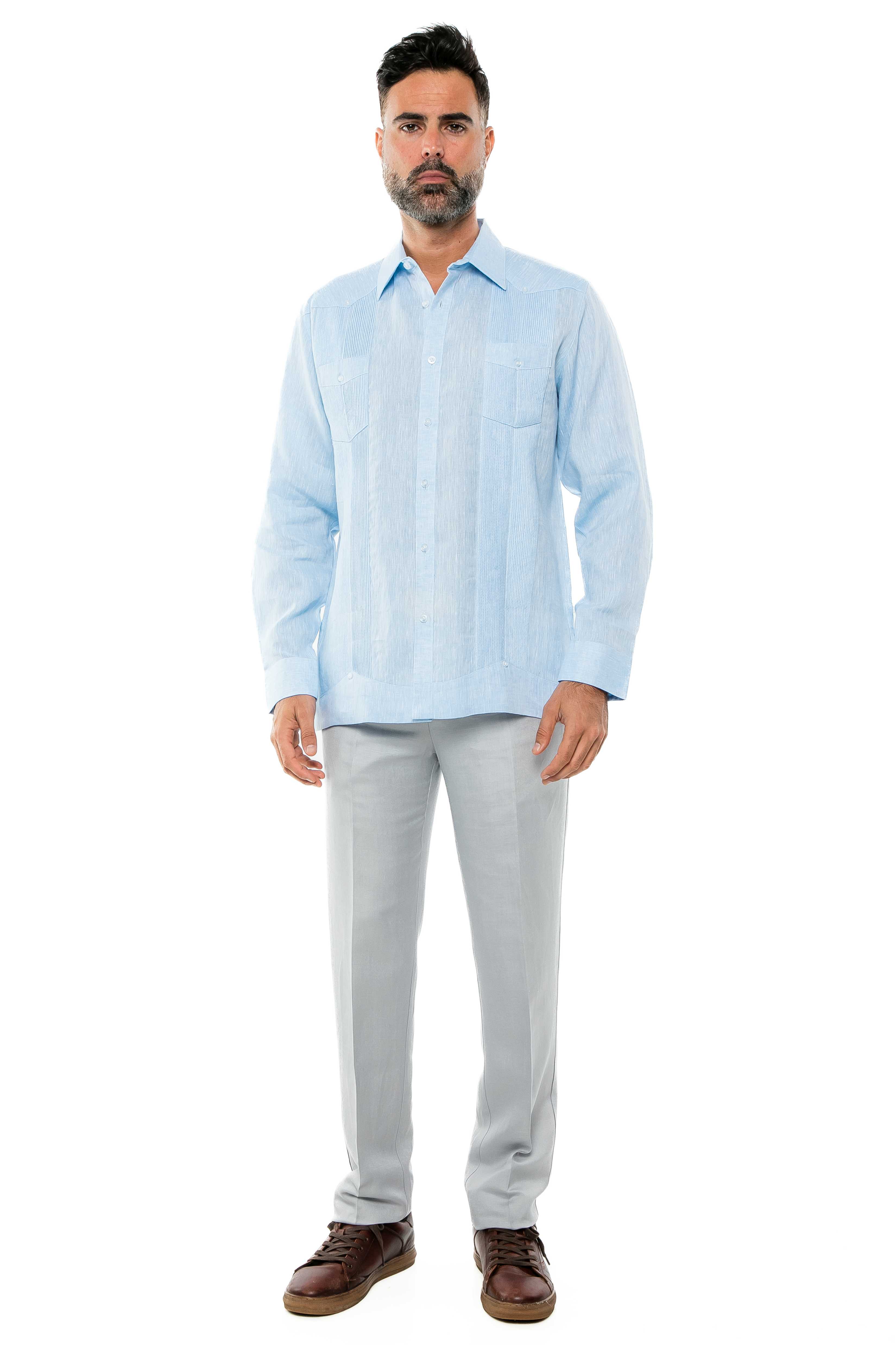 Mojito Men's Yarn Dye 100% Linen Guayabera Shirt Long Sleeve 2 Pocket Design