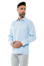 Mojito Men's Yarn Dye 100% Linen Guayabera Shirt Long Sleeve 2 Pocket Design