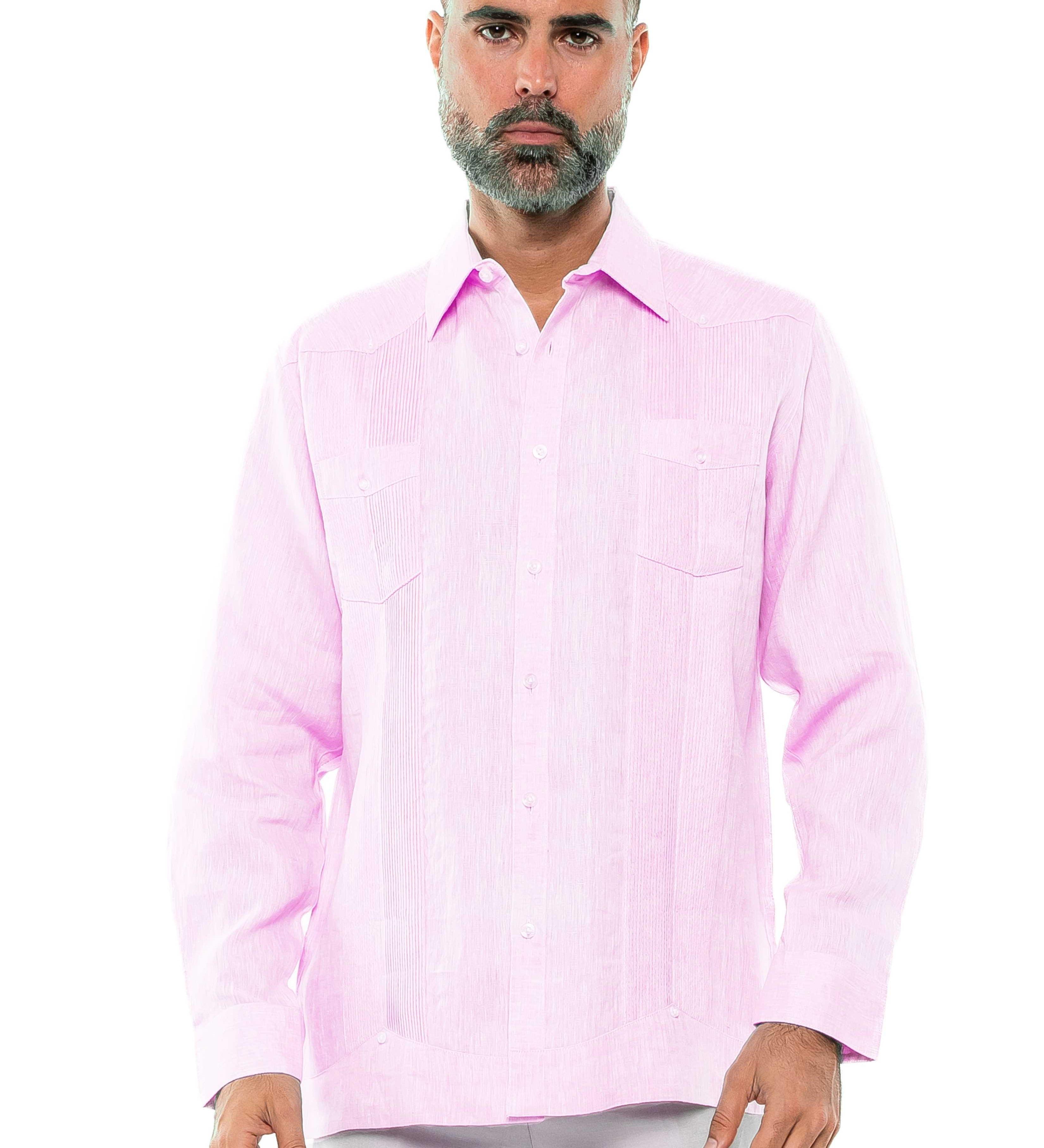 Mojito Men's Yarn Dye 100% Linen Guayabera Shirt Long Sleeve 2 Pocket Design