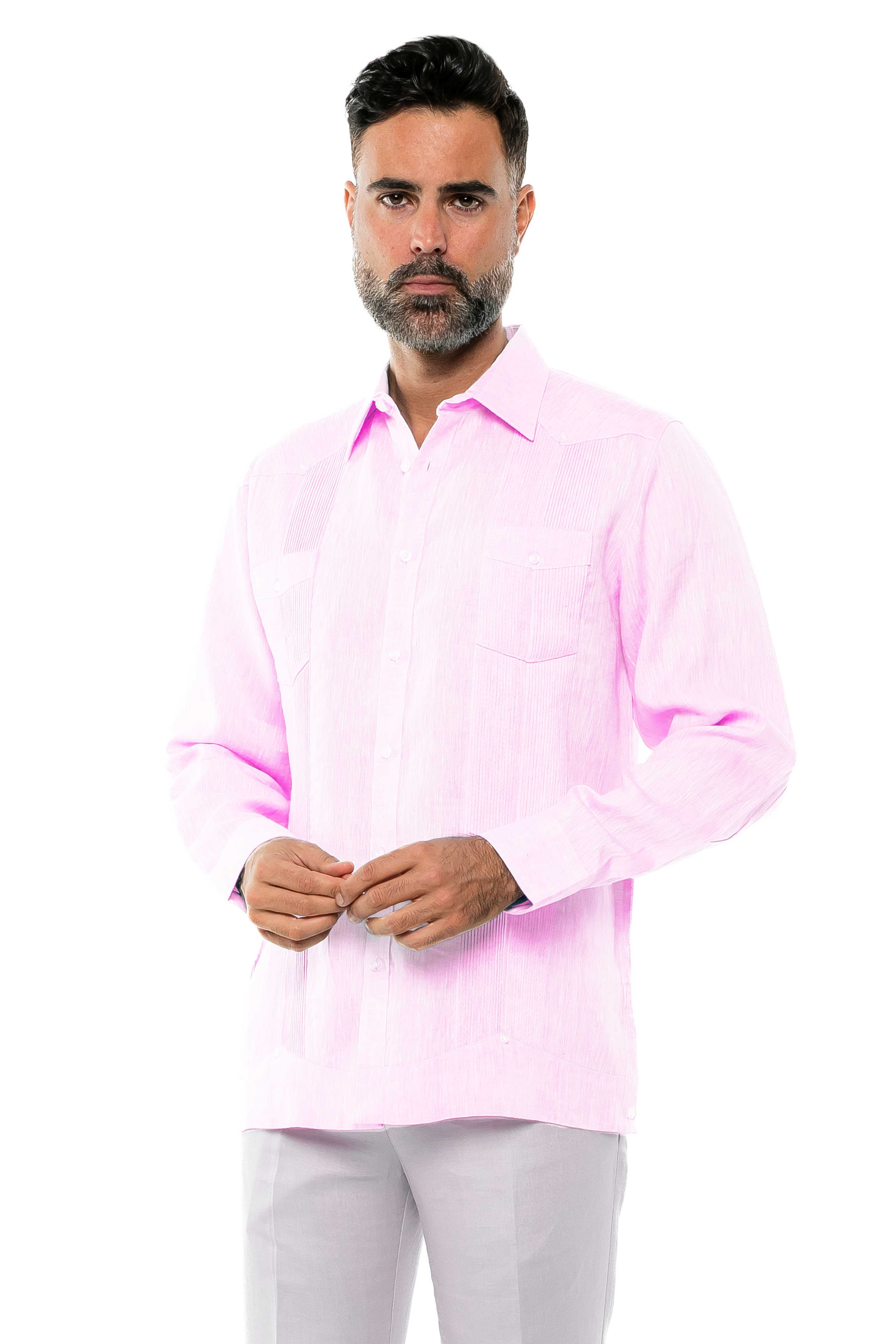 Mojito Men's Yarn Dye 100% Linen Guayabera Shirt Long Sleeve 2 Pocket Design