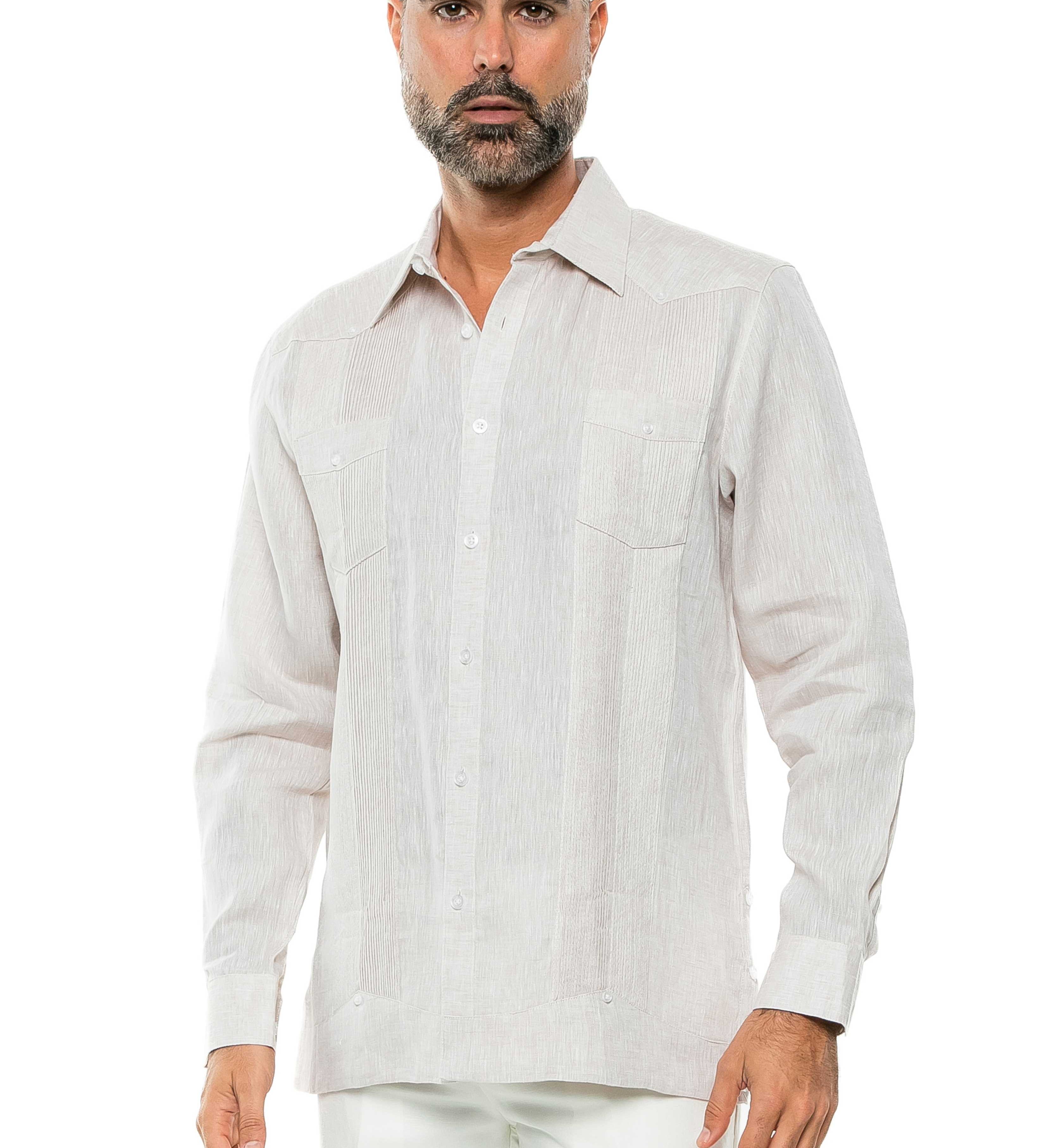 Mojito Men's Yarn Dye 100% Linen Guayabera Shirt Long Sleeve 2 Pocket Design