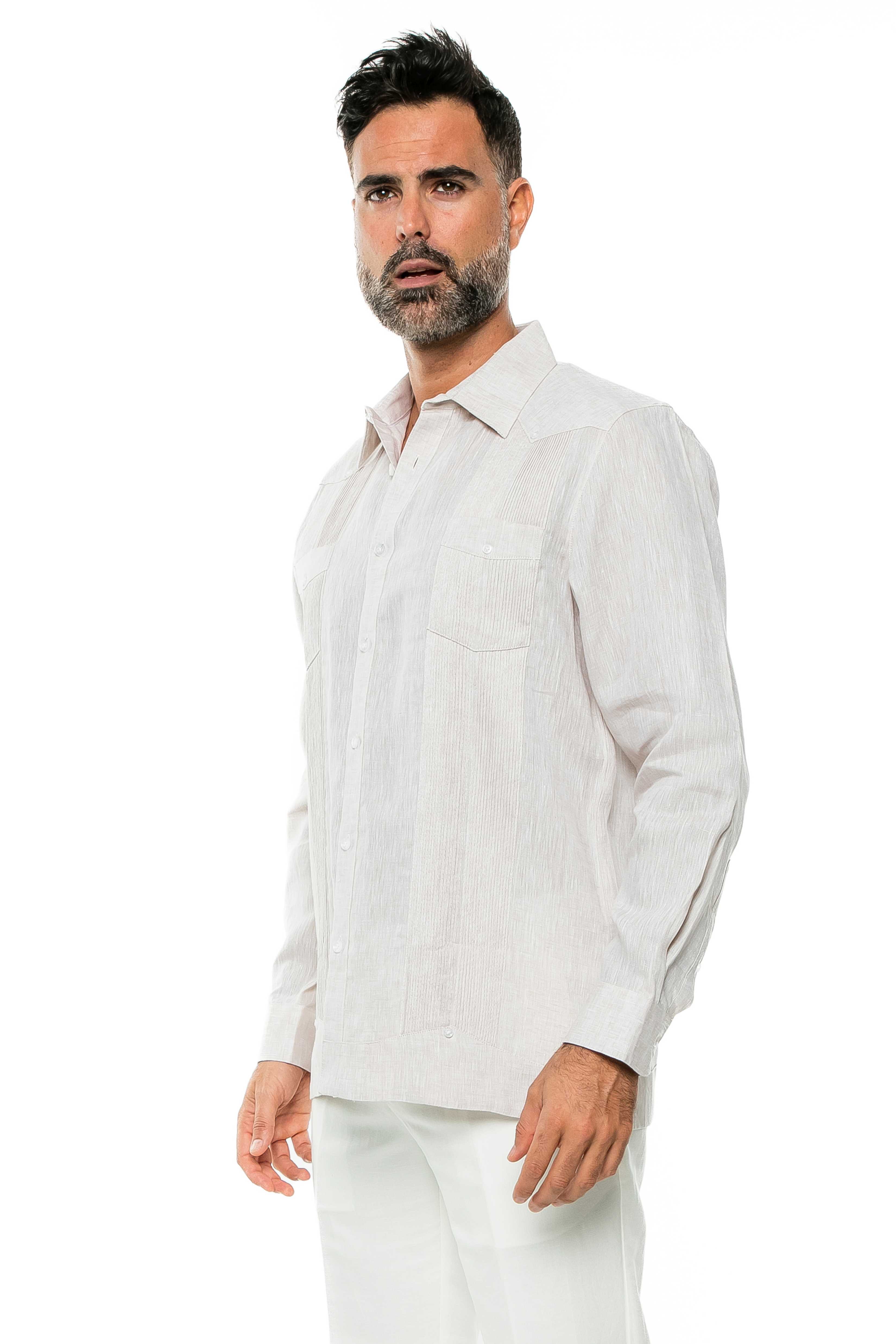 Mojito Men's Yarn Dye 100% Linen Guayabera Shirt Long Sleeve 2 Pocket Design