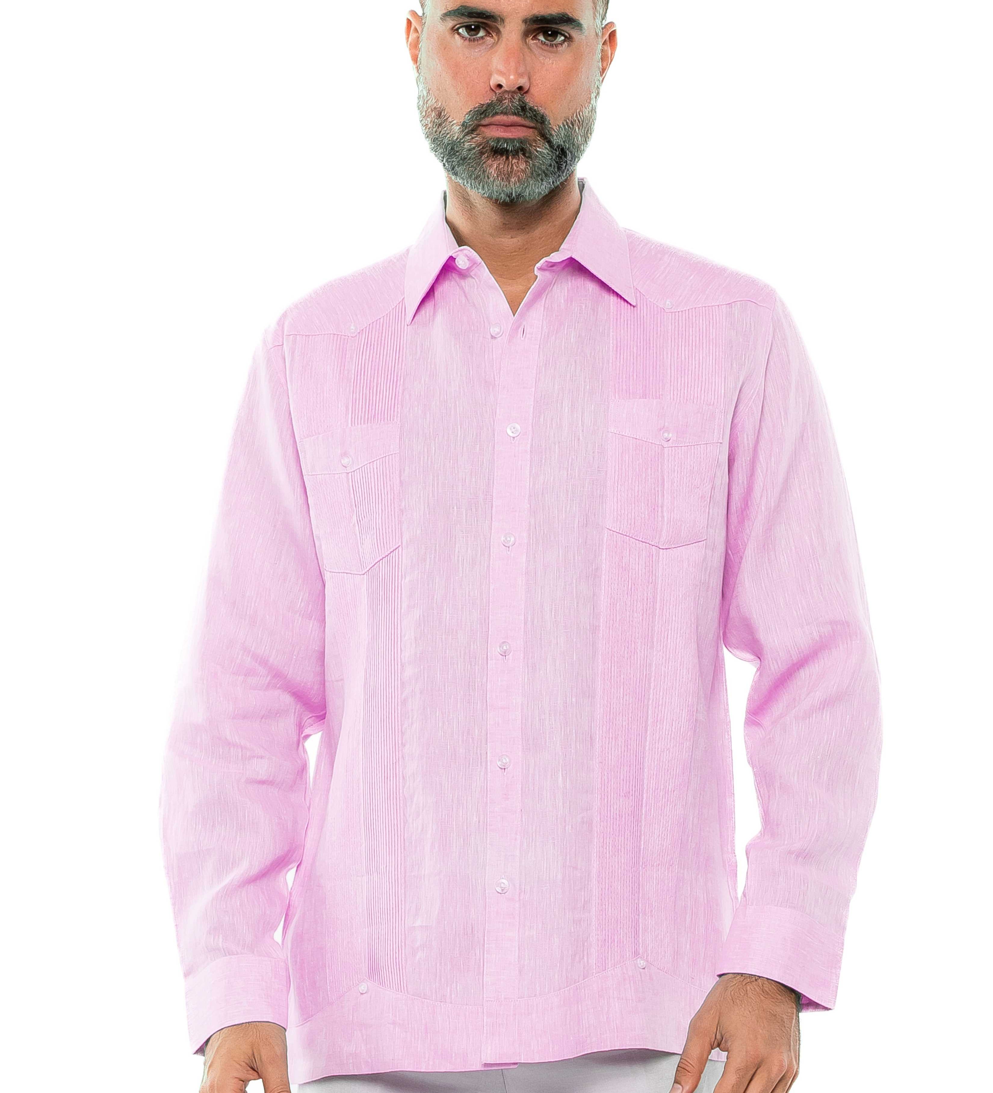 Mojito Men's Yarn Dye 100% Linen Guayabera Shirt Long Sleeve 2 Pocket Design