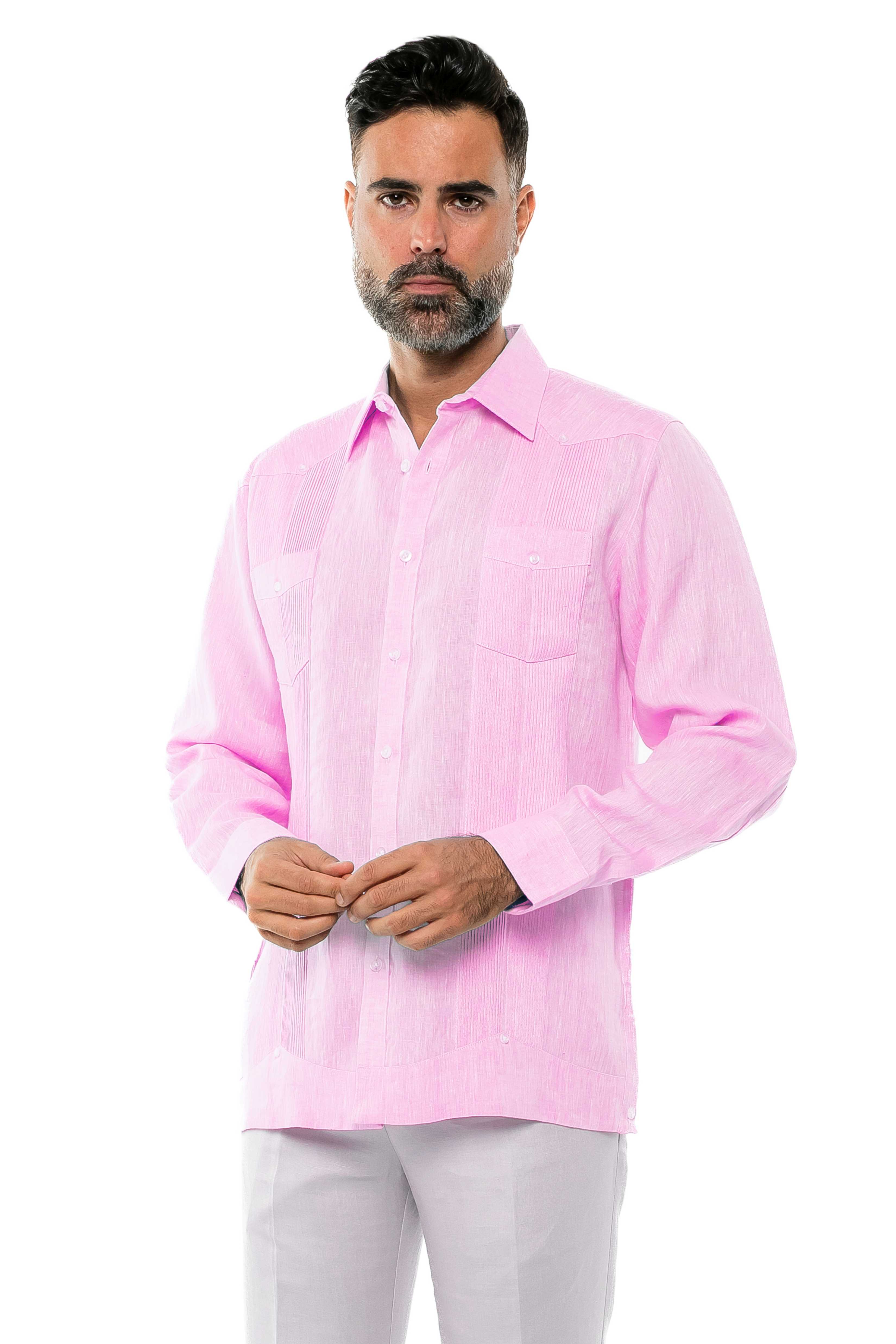 Mojito Men's Yarn Dye 100% Linen Guayabera Shirt Long Sleeve 2 Pocket Design