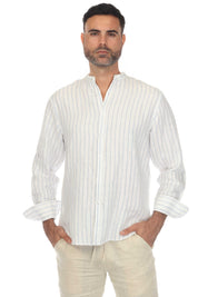 Mojito Men's Causal Mandarin Collar Pinstripe Shirt 100% Linen Long Sleeve