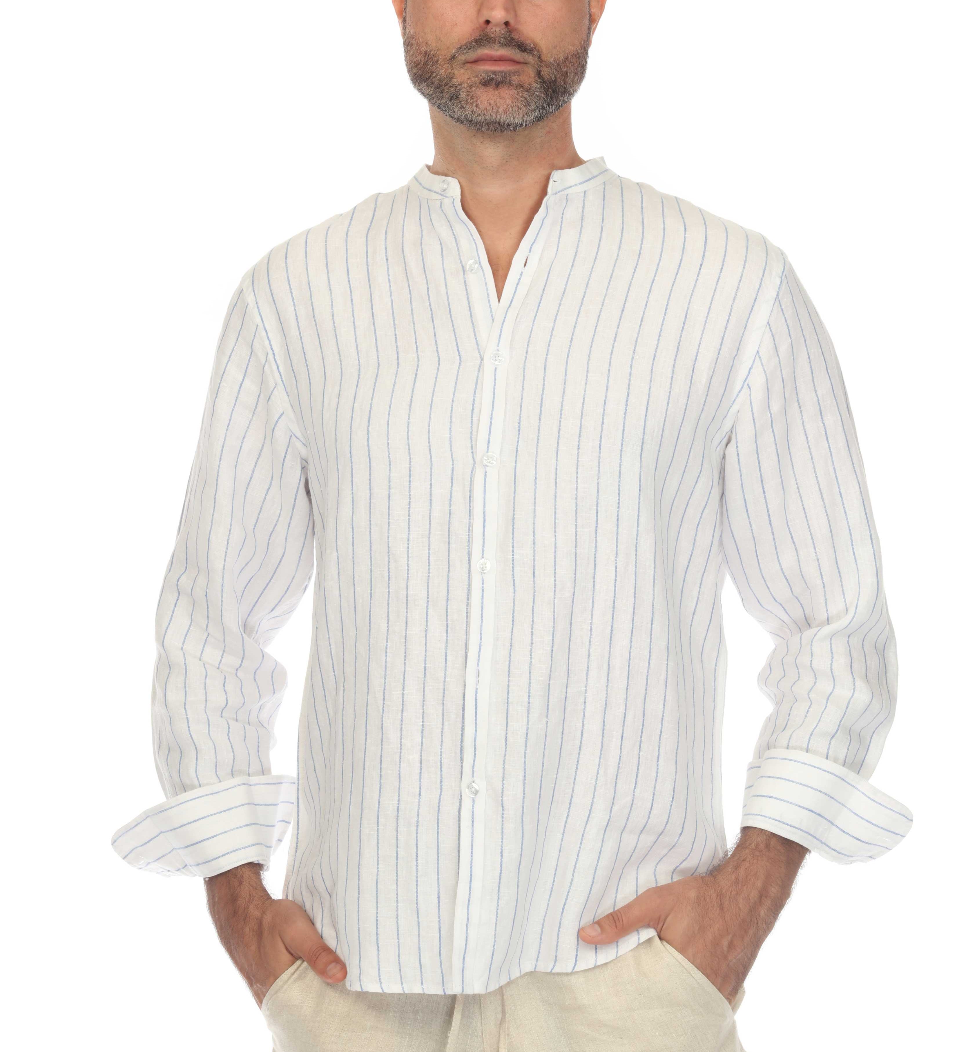 Mojito Men's Causal Mandarin Collar Pinstripe Shirt 100% Linen Long Sleeve