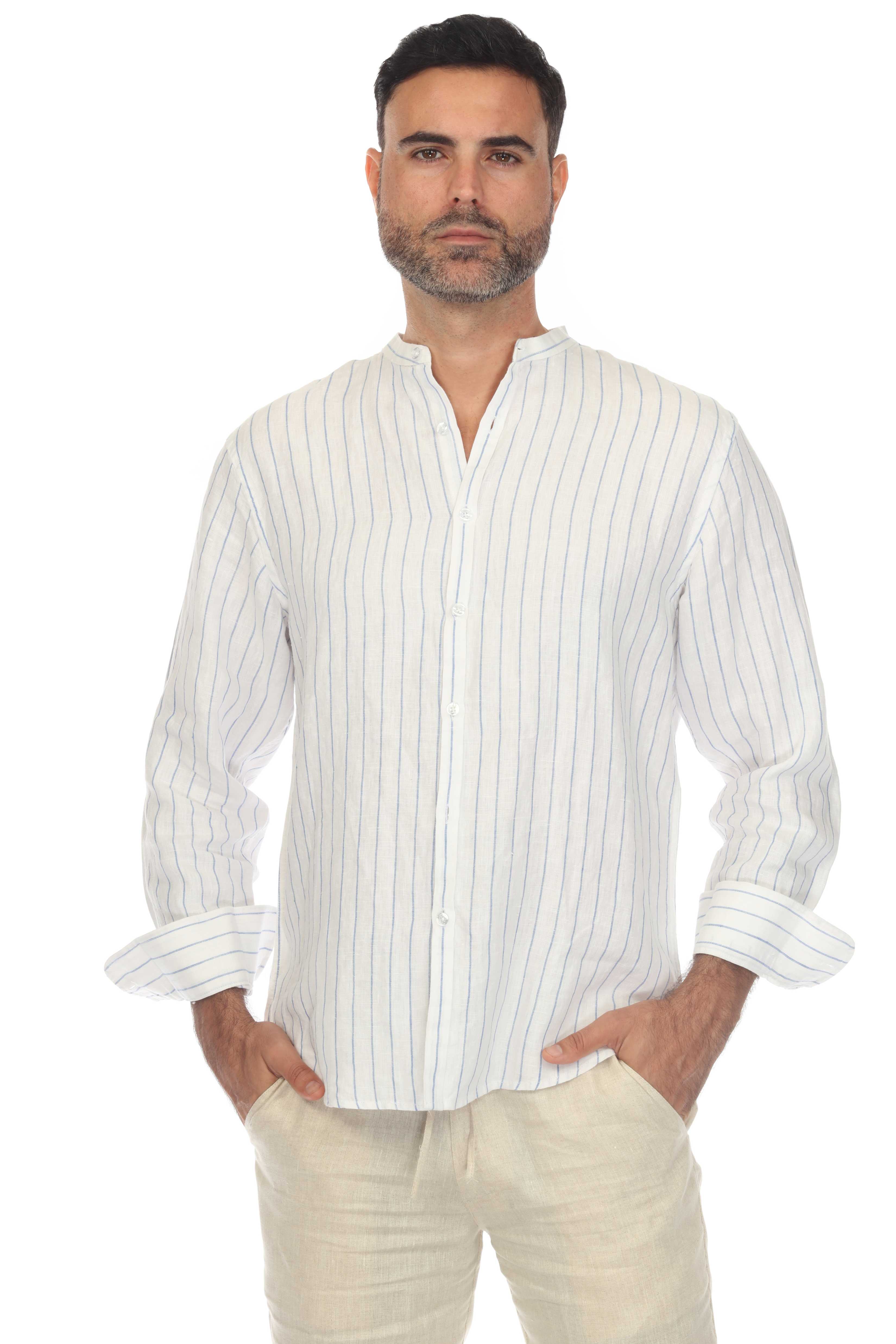 Mojito Men's Causal Mandarin Collar Pinstripe Shirt 100% Linen Long Sleeve