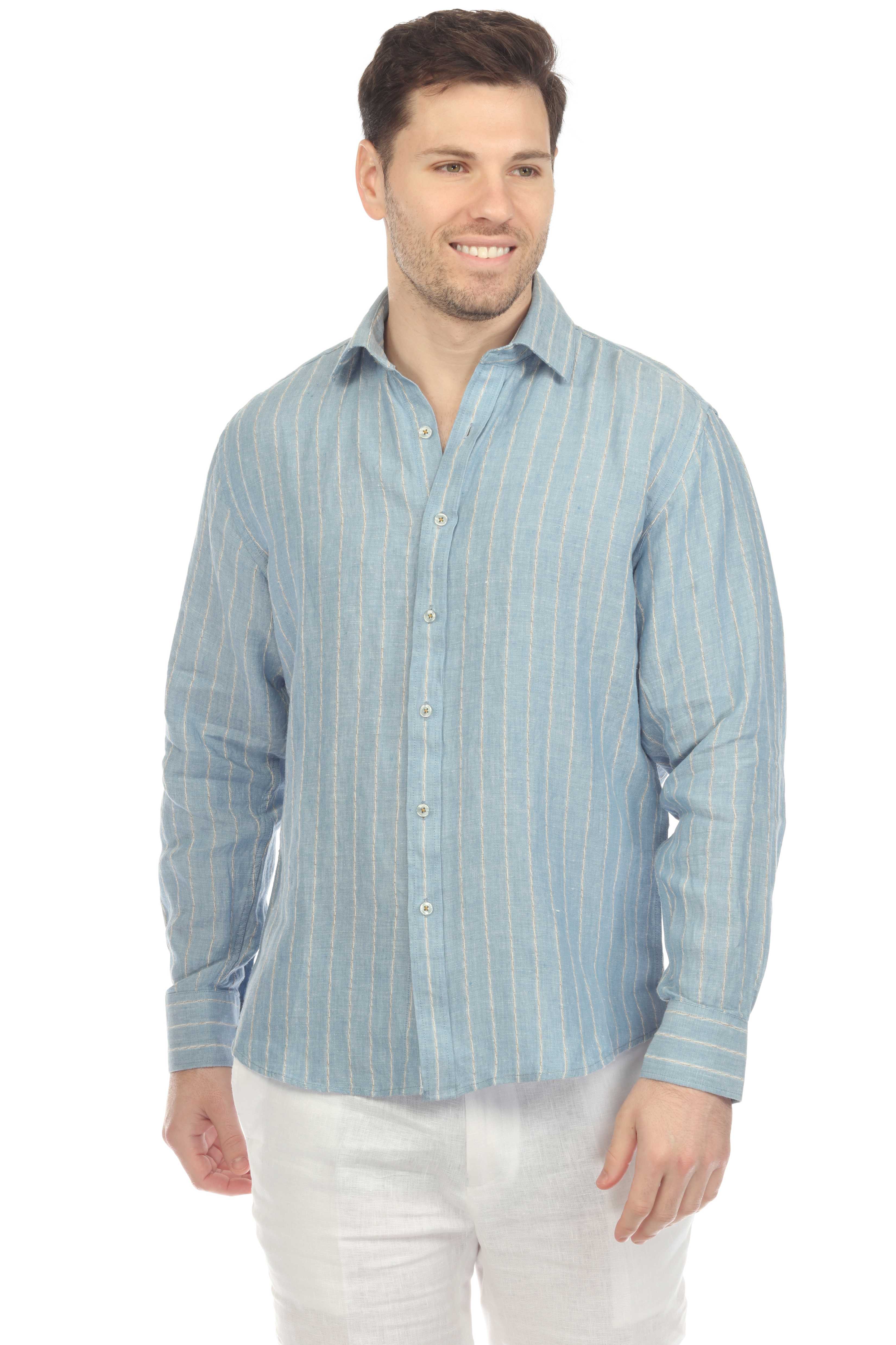 Mojito Men's Causal Pinstripe Shirt 100% Linen Long Sleeve Button Down