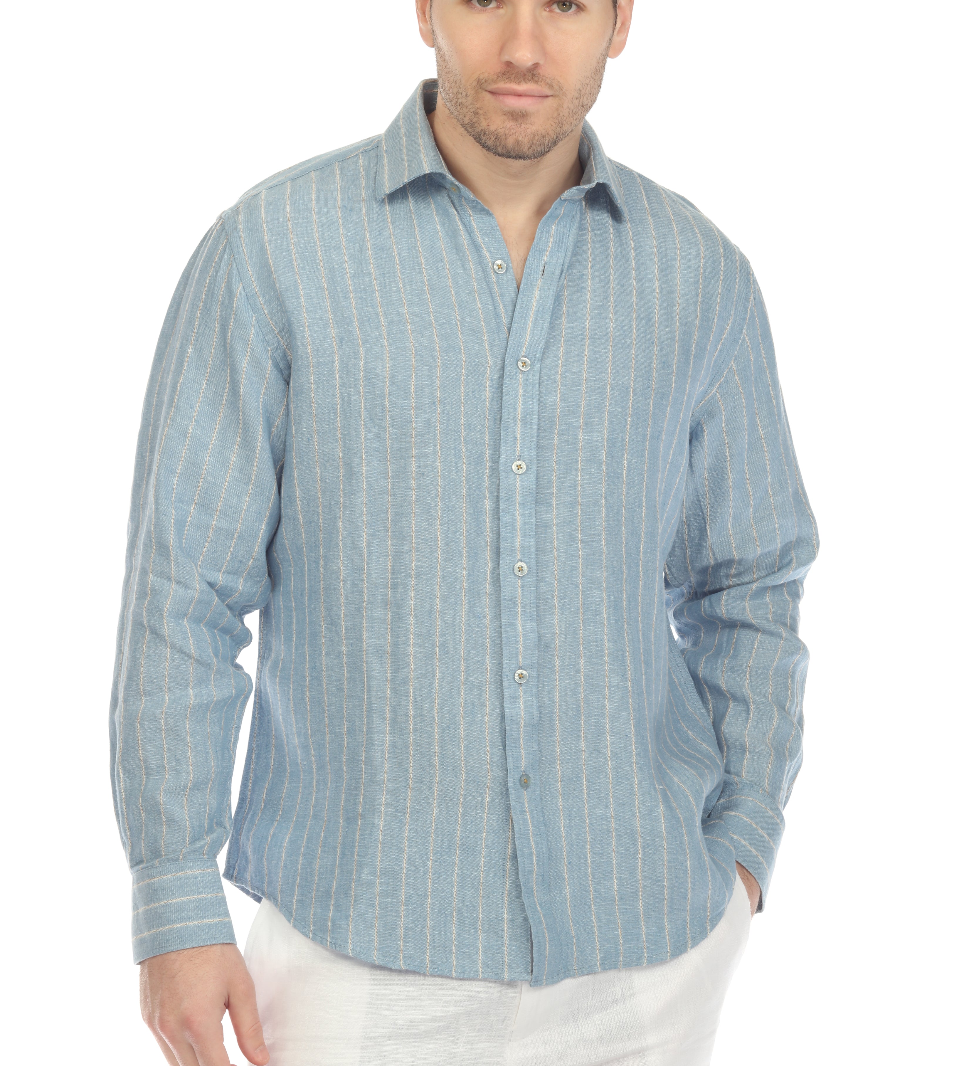 Mojito Men's Causal Pinstripe Shirt 100% Linen Long Sleeve Button Down