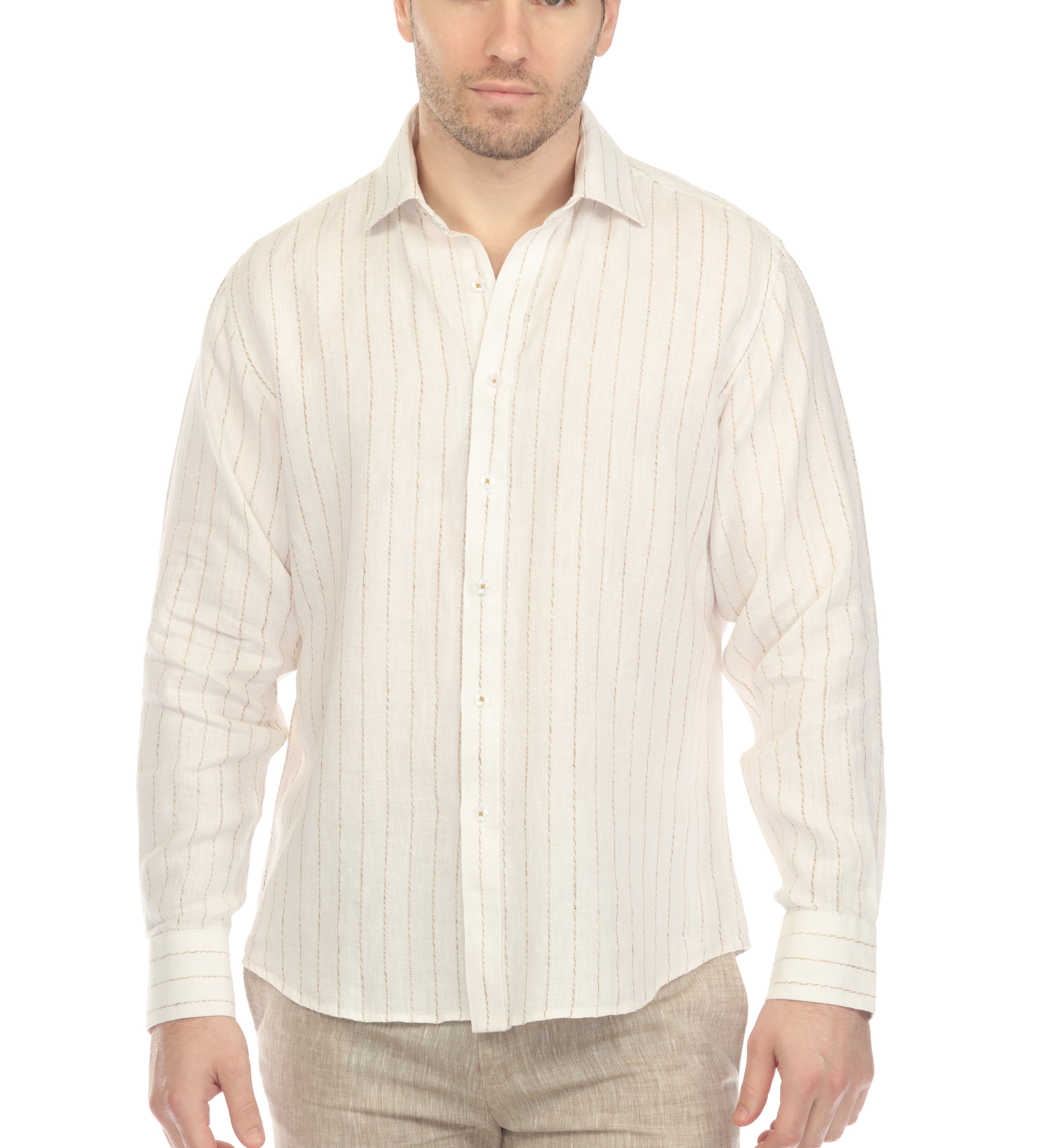 Mojito Men's Causal Pinstripe Shirt 100% Linen Long Sleeve Button Down