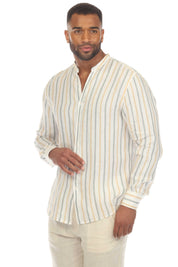 Men's Causal Mandarin Collar Pinstripe Shirt 100% Linen Long Sleeve Button Down