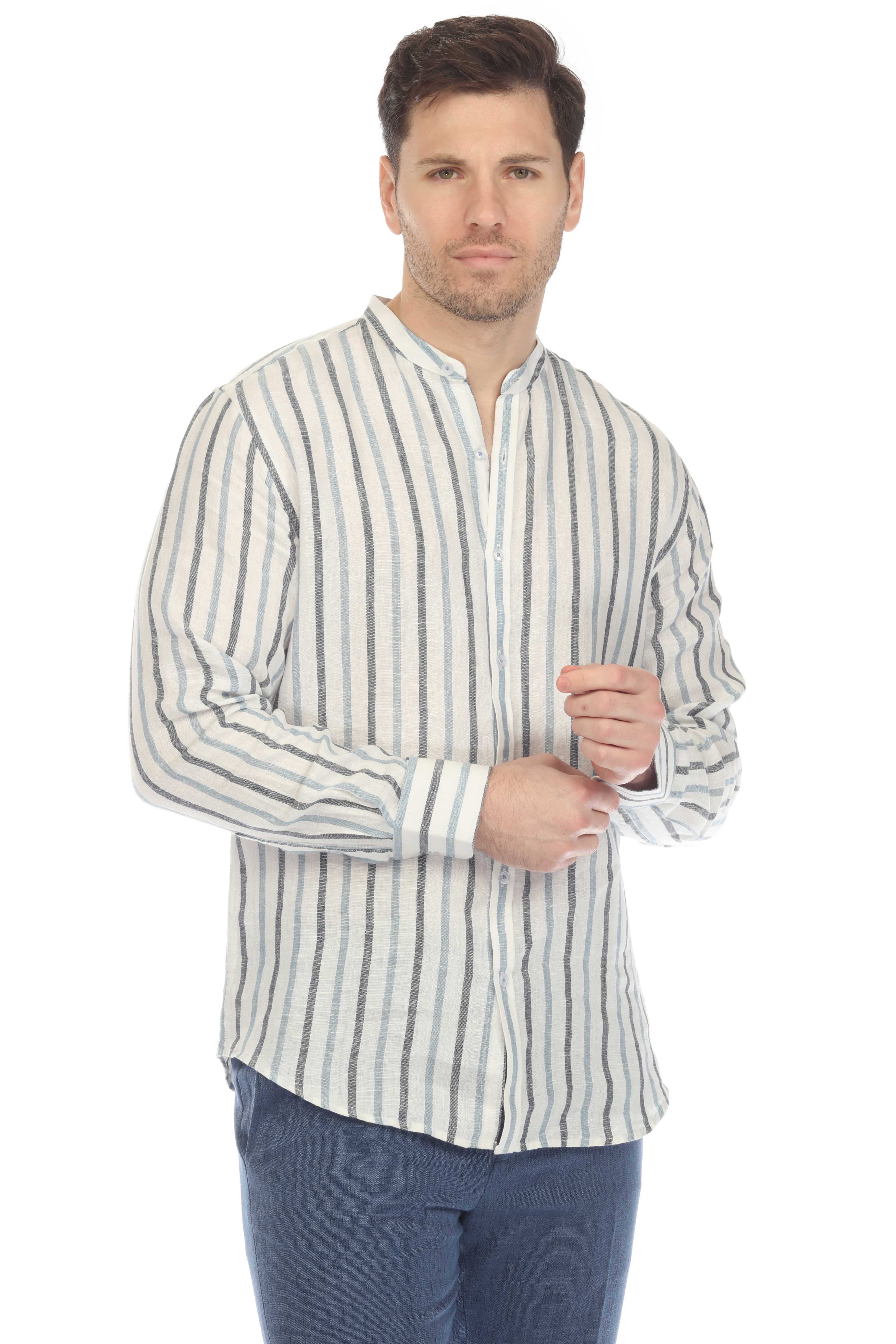 Men's Causal Mandarin Collar Pinstripe Shirt 100% Linen Long Sleeve Button Down