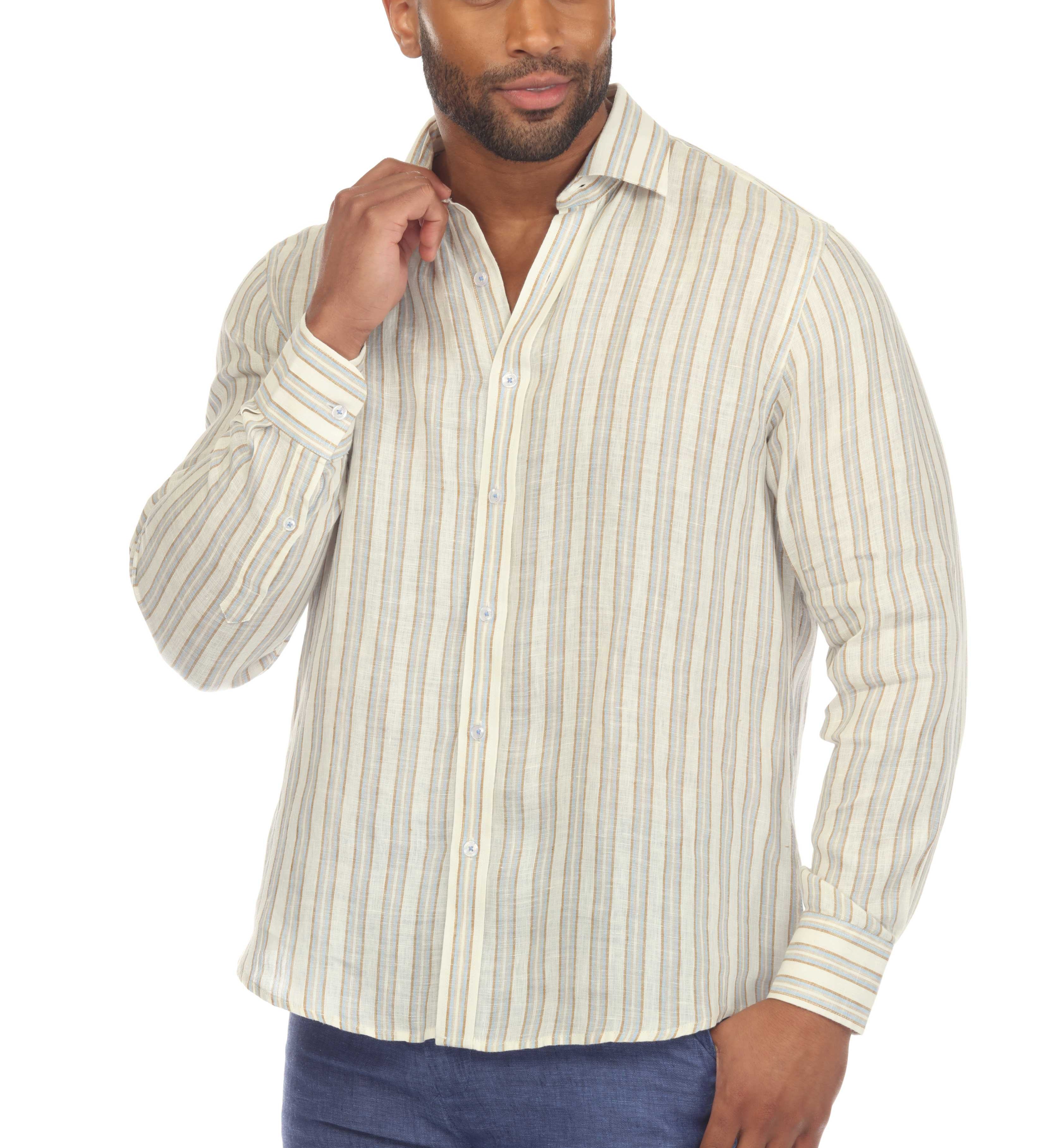 Men's Causal Pinstripe Shirt 100% Linen Long Sleeve Button Down