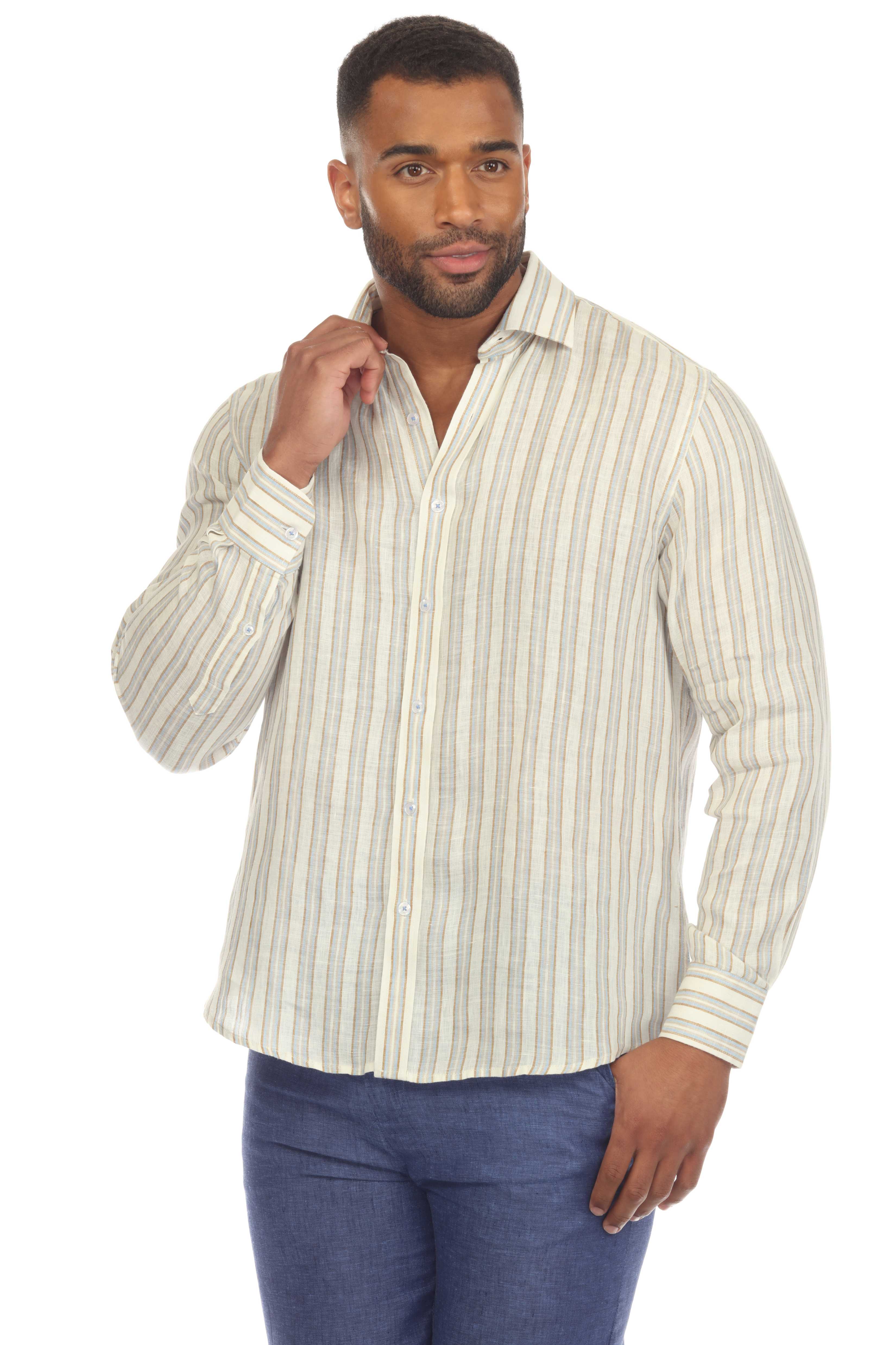 Men's Causal Pinstripe Shirt 100% Linen Long Sleeve Button Down