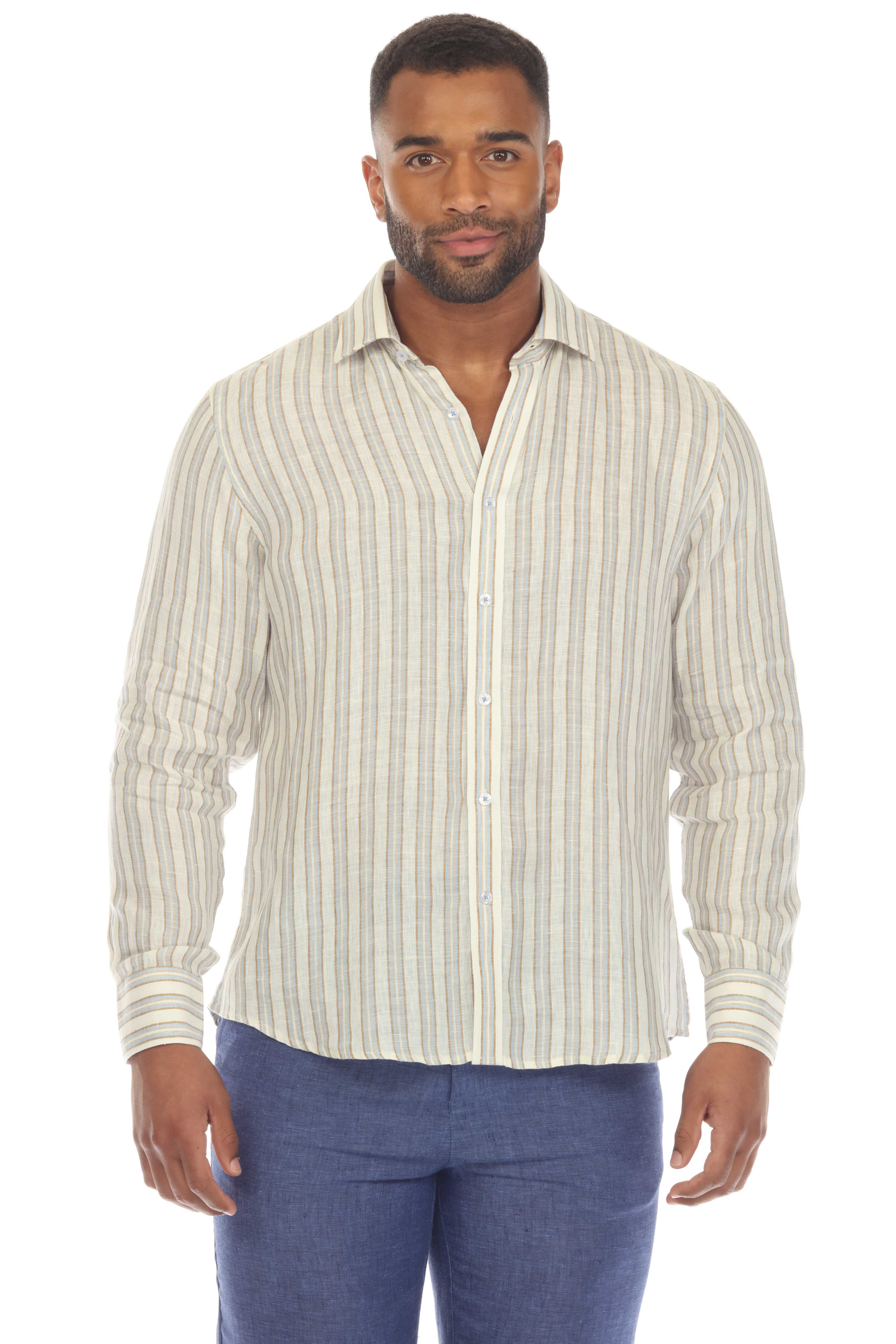 Men's Causal Pinstripe Shirt 100% Linen Long Sleeve Button Down