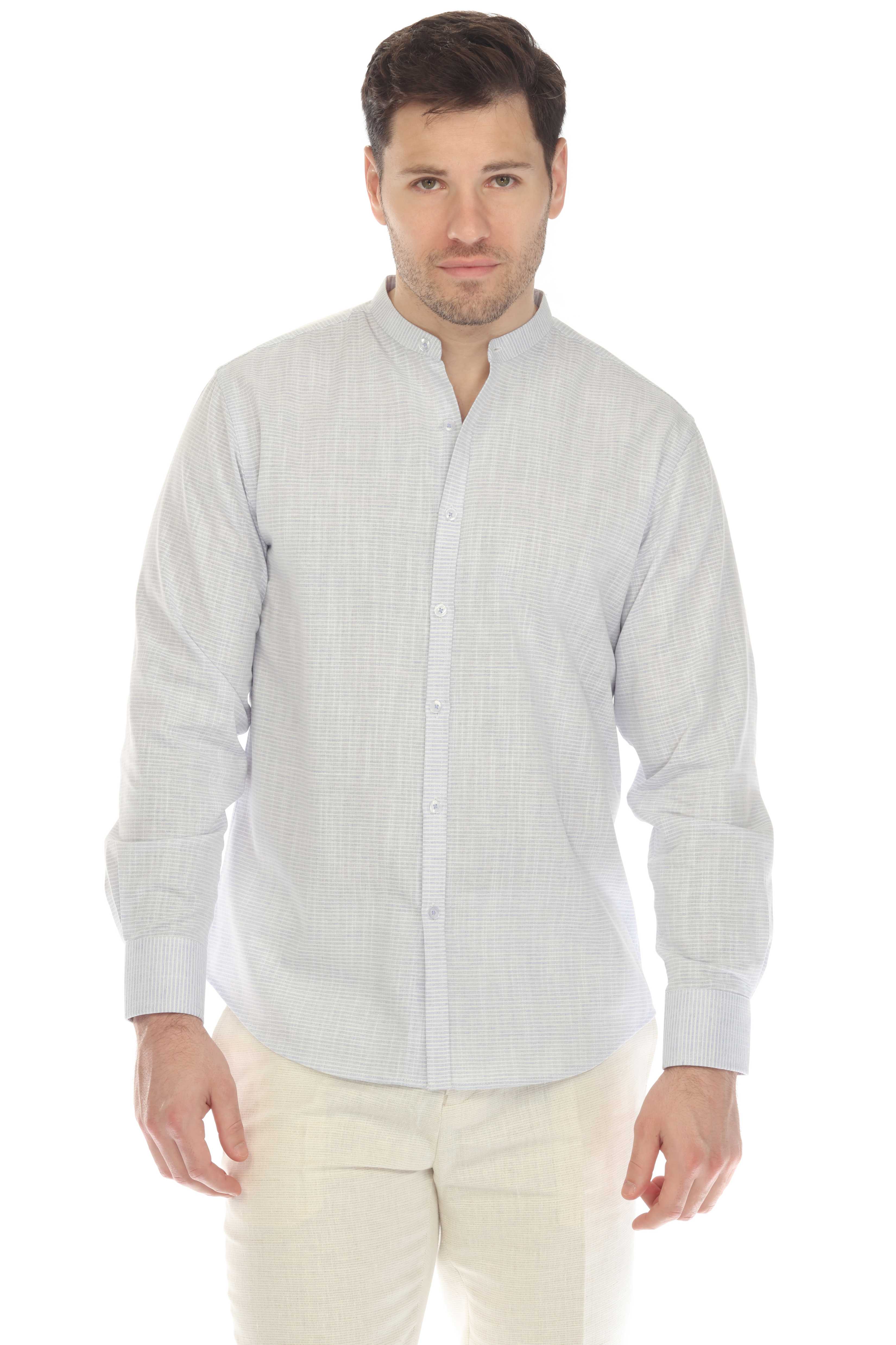 Men's Causal Mandarin Collar Pinstripe Shirt 100% Linen Long Sleeve Button Down