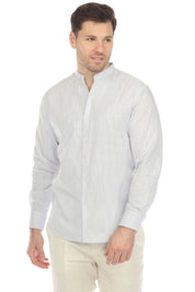 Men's Causal Mandarin Collar Pinstripe Shirt 100% Linen Long Sleeve Button Down