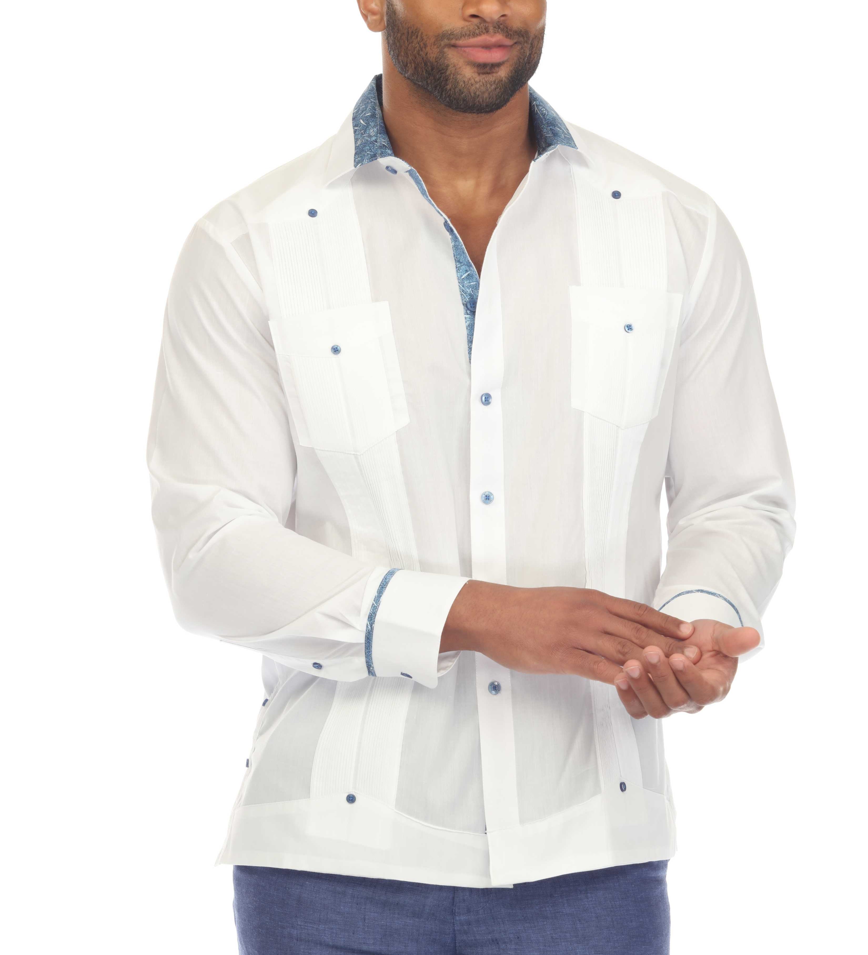 Men's Guayabera Chacabana Shirt Cotton Blend Long Sleeve with Contrast Accent Trim