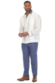 Men's Guayabera Chacabana Shirt Cotton Blend Long Sleeve with Contrast Accent Trim