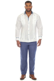 Men's Guayabera Chacabana Shirt Cotton Blend Long Sleeve with Contrast Accent Trim