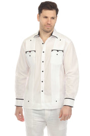 Men's Guayabera Chacabana Shirt Cotton Blend Long Sleeve with Contrast Accent Trim