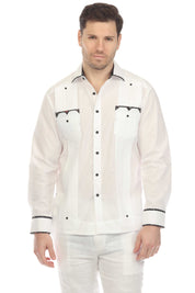 Men's Guayabera Chacabana Shirt Cotton Blend Long Sleeve with Contrast Accent Trim