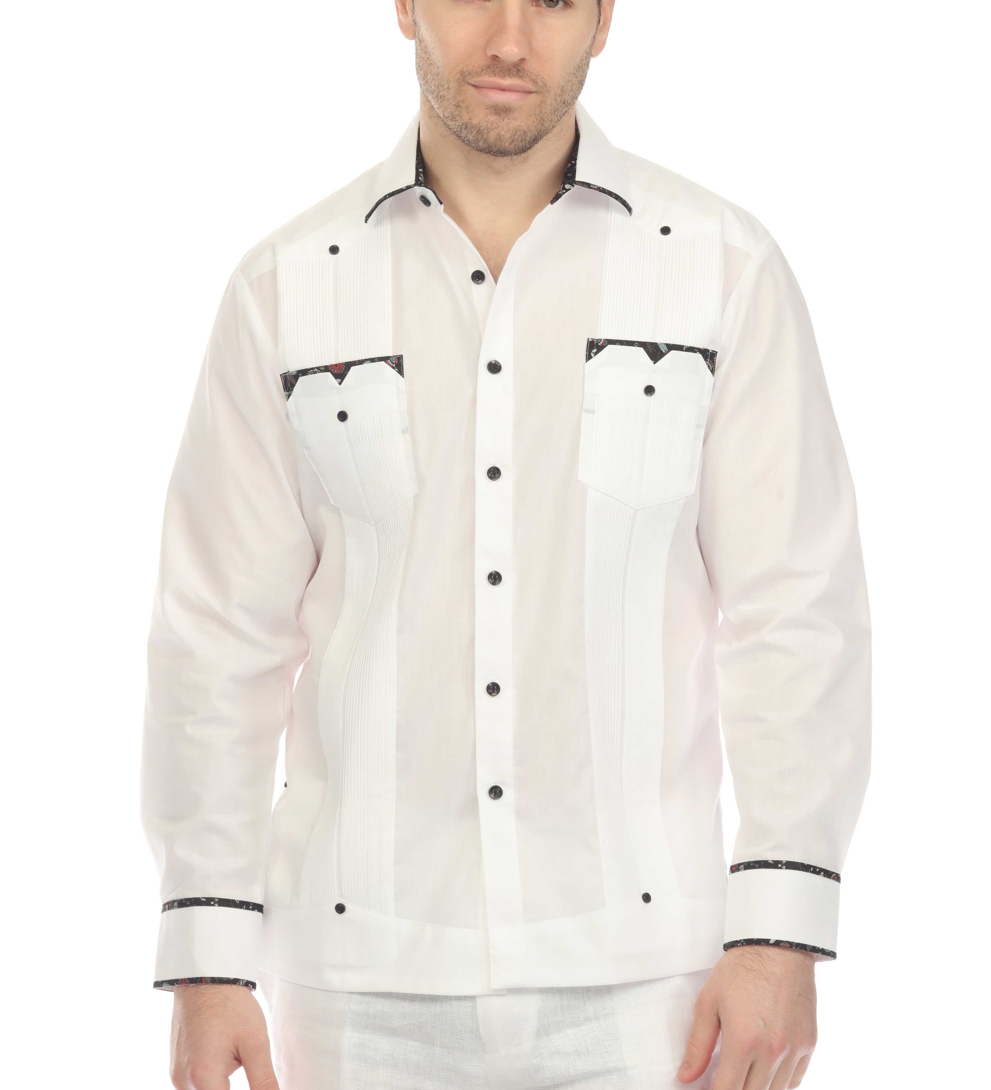 Men's Guayabera Chacabana Shirt Cotton Blend Long Sleeve with Contrast Accent Trim