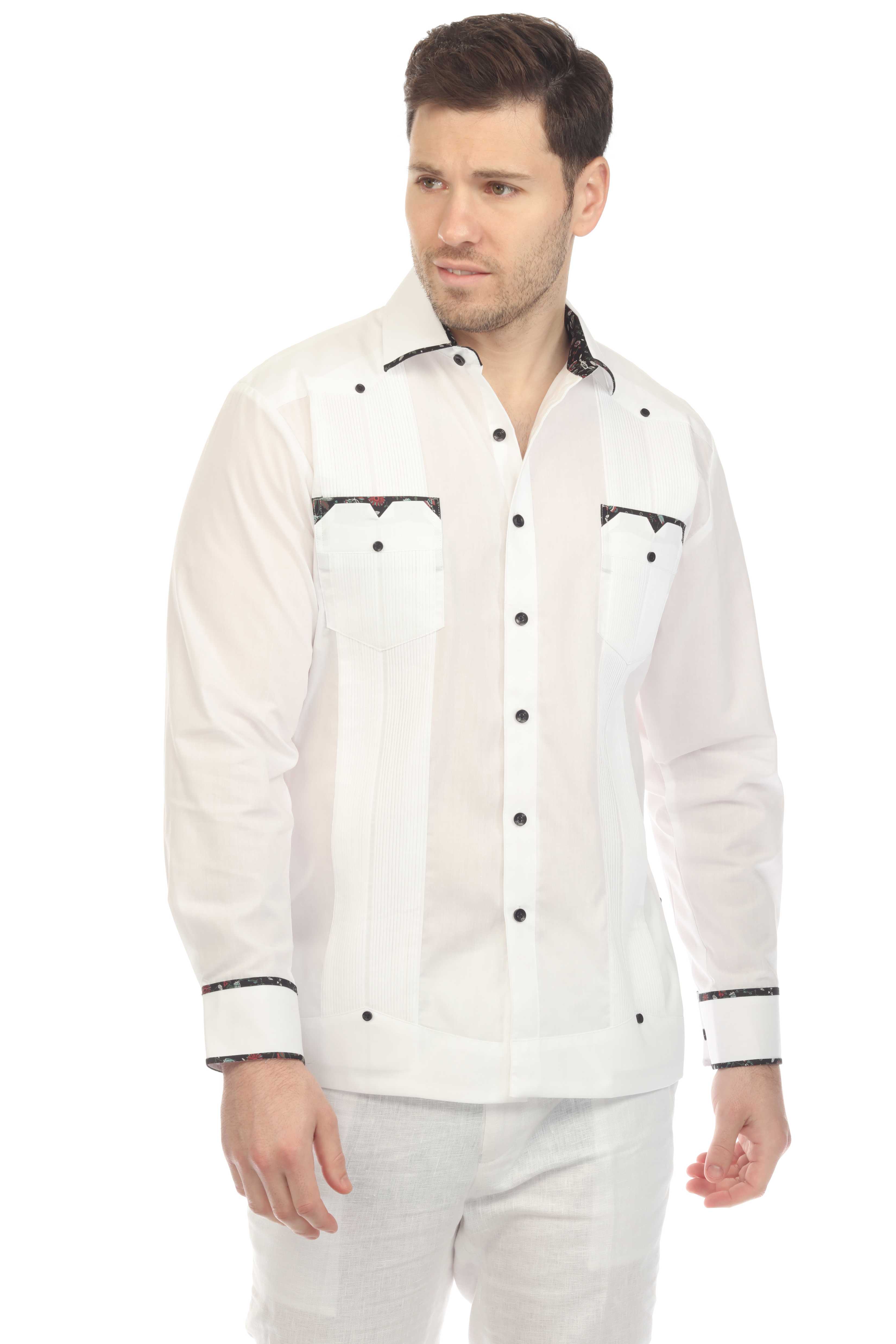 Men's Guayabera Chacabana Shirt Cotton Blend Long Sleeve with Contrast Accent Trim