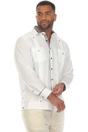 Men's Guayabera Chacabana Shirt Cotton Blend Long Sleeve with Contrast Accent Trim