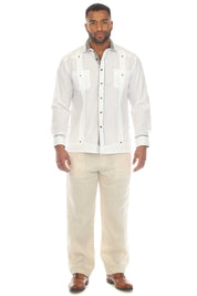 Men's Guayabera Chacabana Shirt Cotton Blend Long Sleeve with Contrast Accent Trim