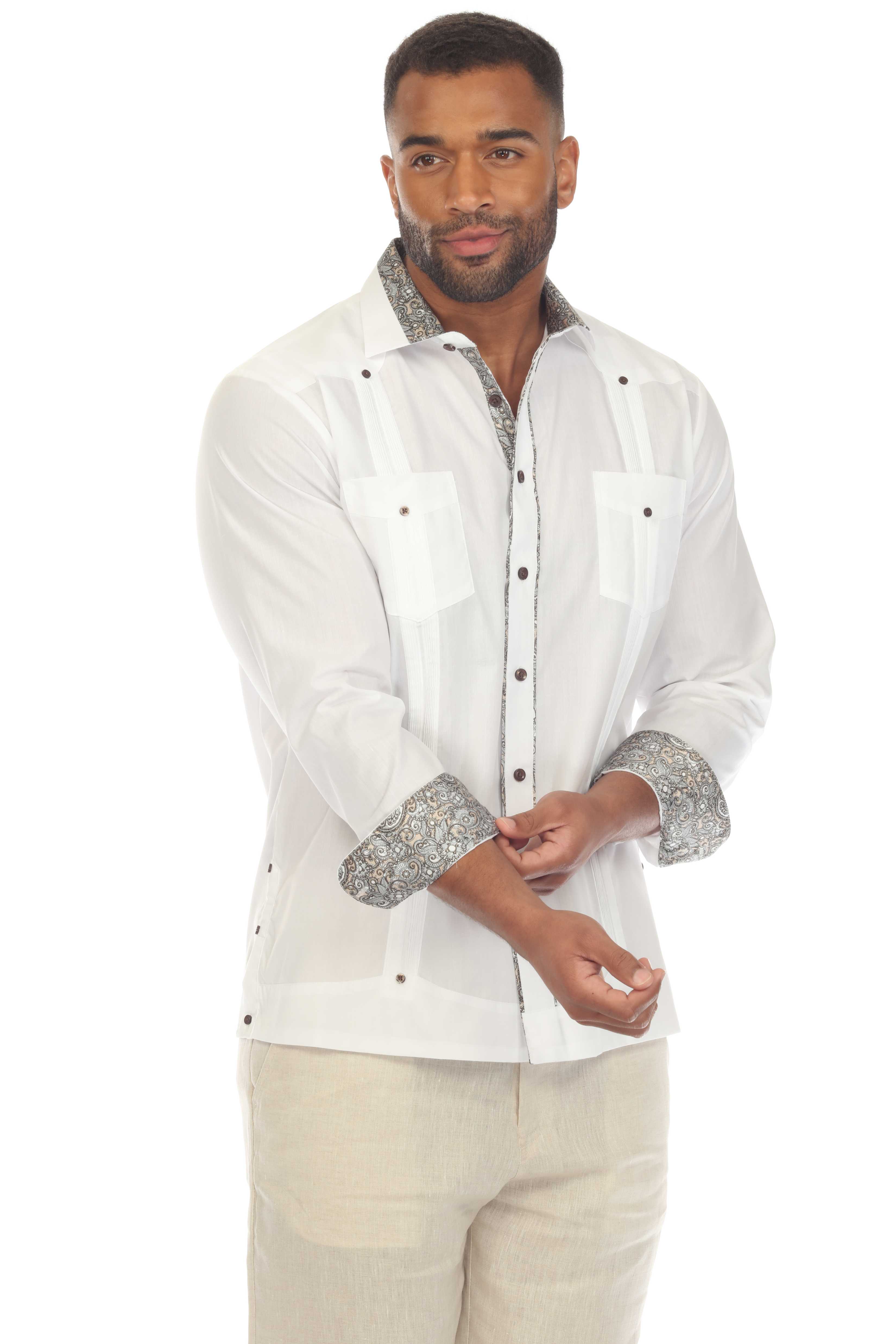 Men's Guayabera Chacabana Shirt Cotton Blend Long Sleeve with Contrast Accent Trim