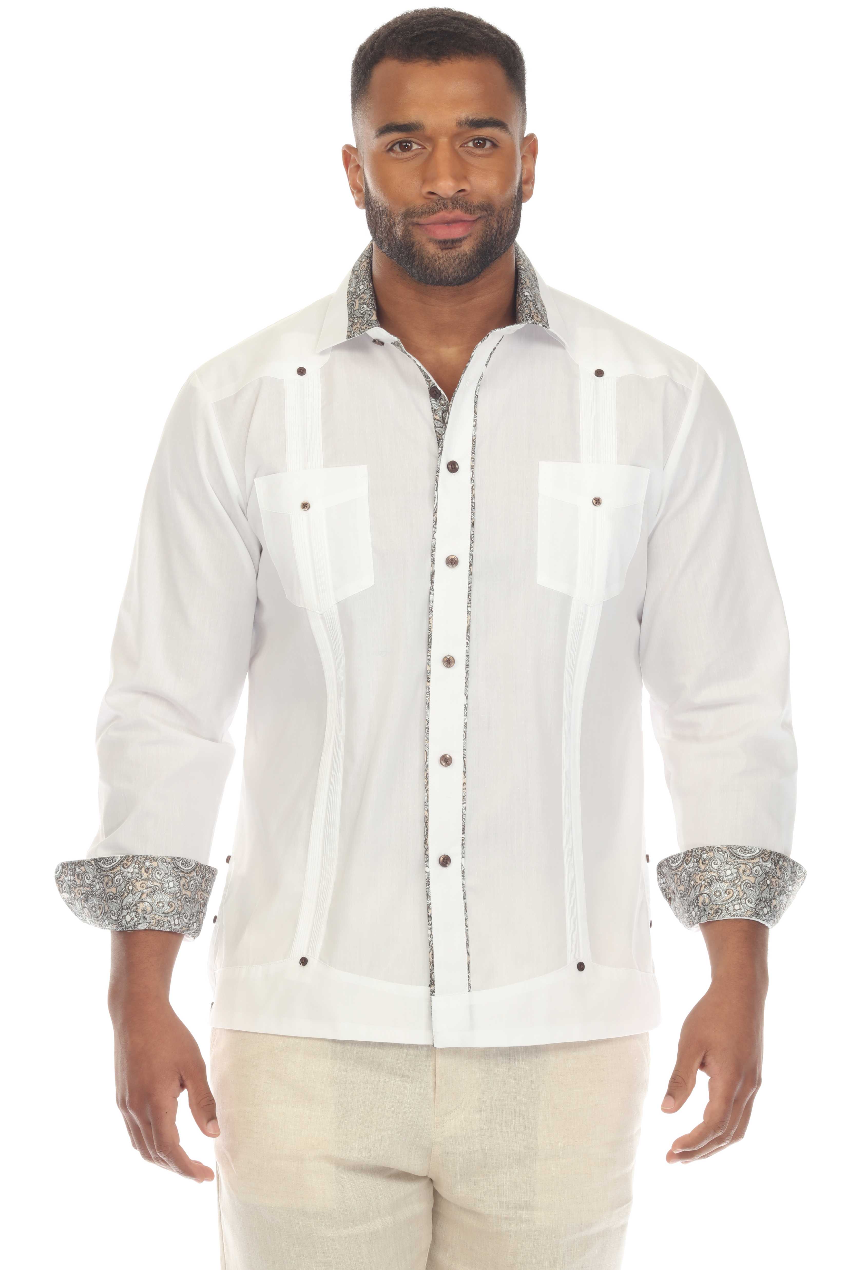 Men's Guayabera Chacabana Shirt Cotton Blend Long Sleeve with Contrast Accent Trim