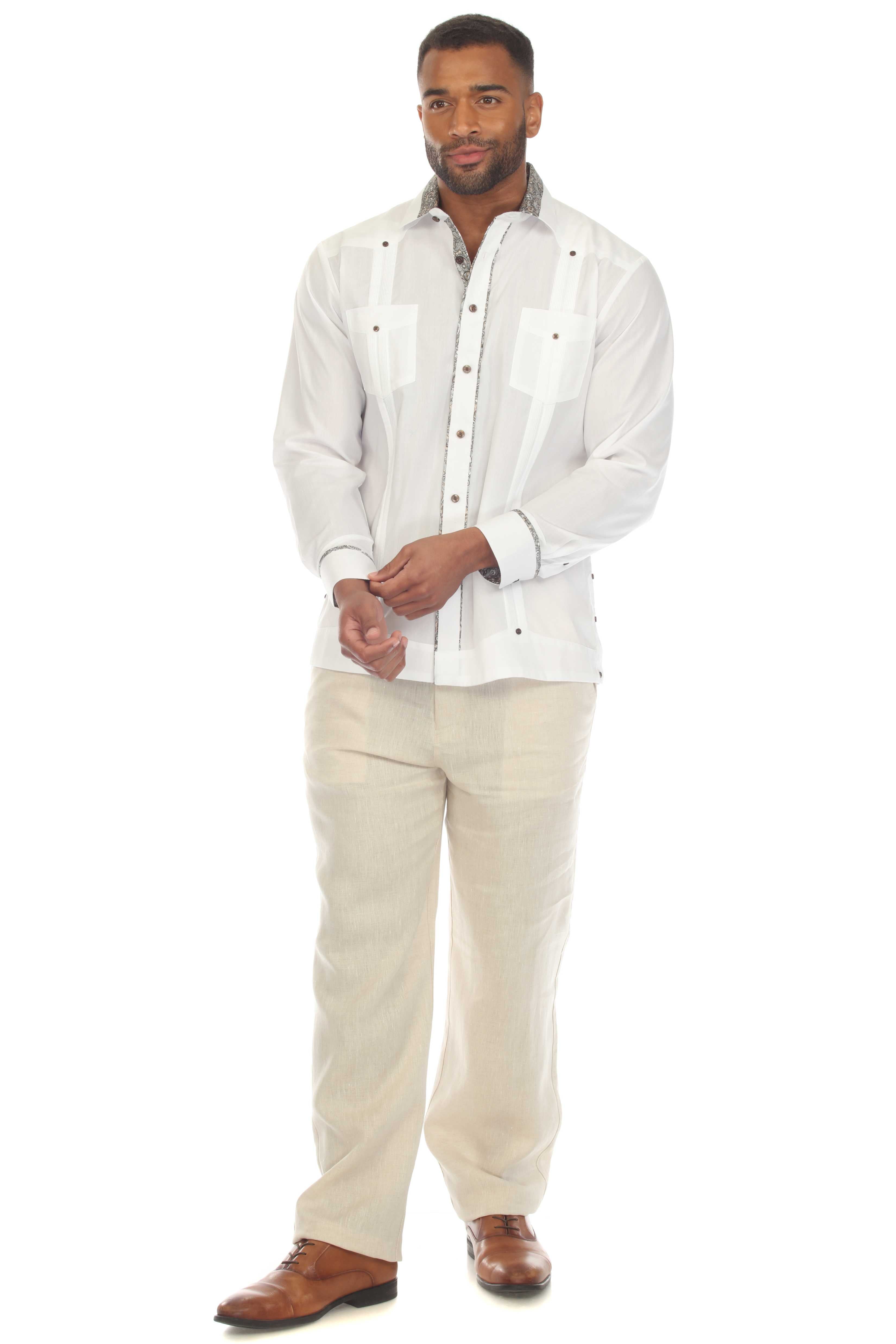 Men's Guayabera Chacabana Shirt Cotton Blend Long Sleeve with Contrast Accent Trim