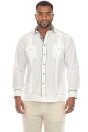 Men's Guayabera Chacabana Shirt Cotton Blend Long Sleeve with Contrast Accent Trim