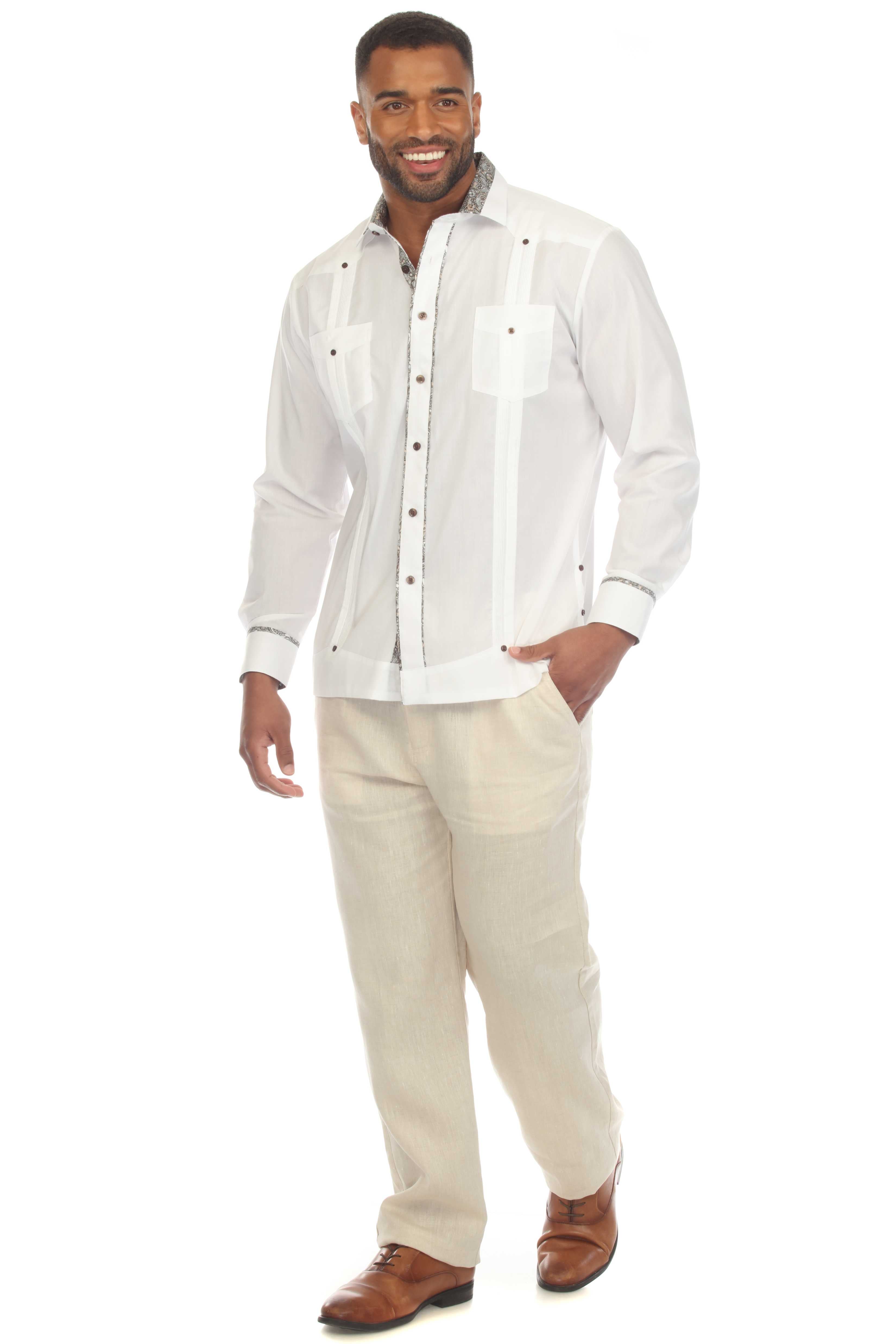 Men's Guayabera Chacabana Shirt Cotton Blend Long Sleeve with Contrast Accent Trim