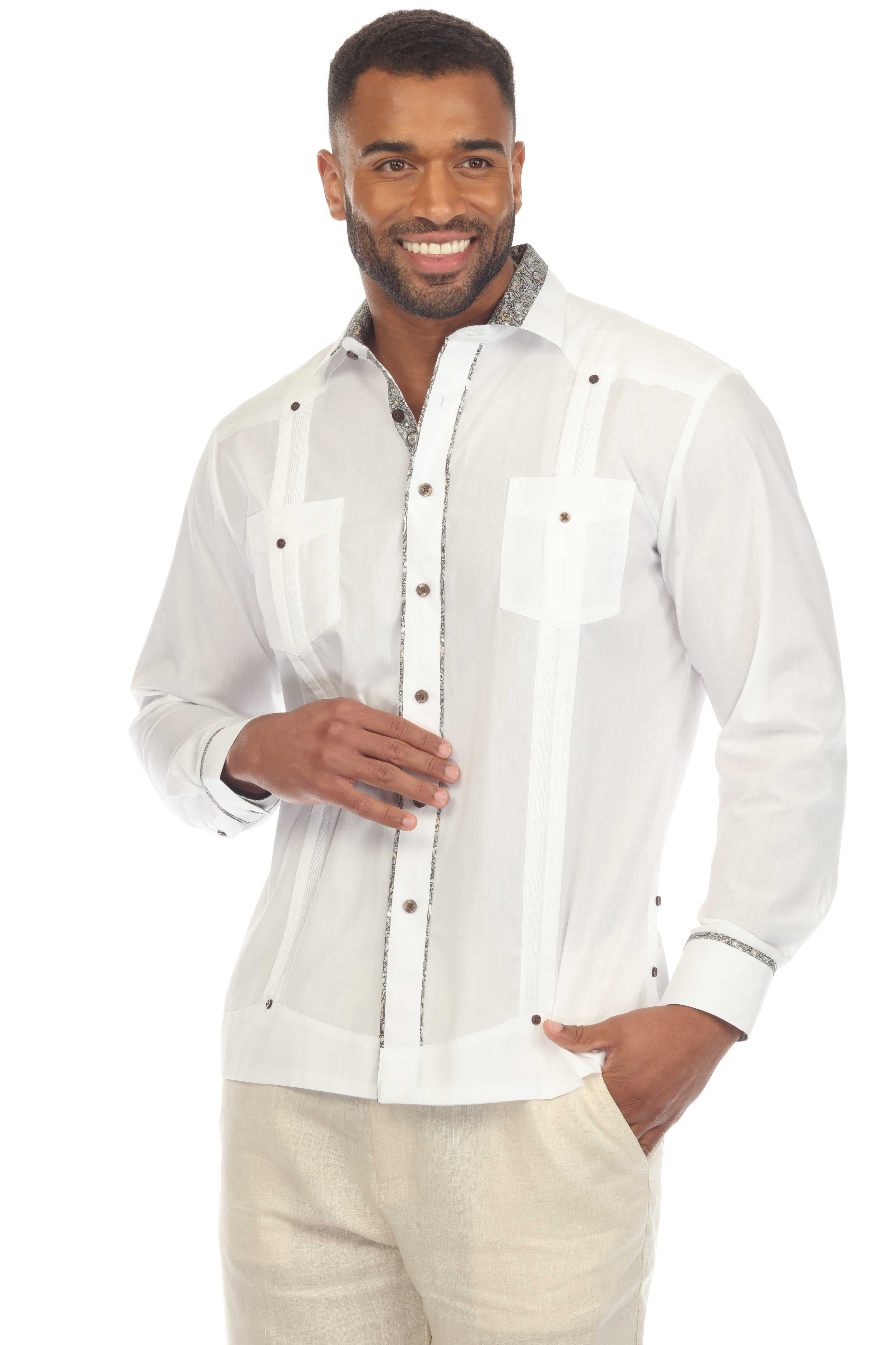 Men's Guayabera Chacabana Shirt Cotton Blend Long Sleeve with Contrast Accent Trim